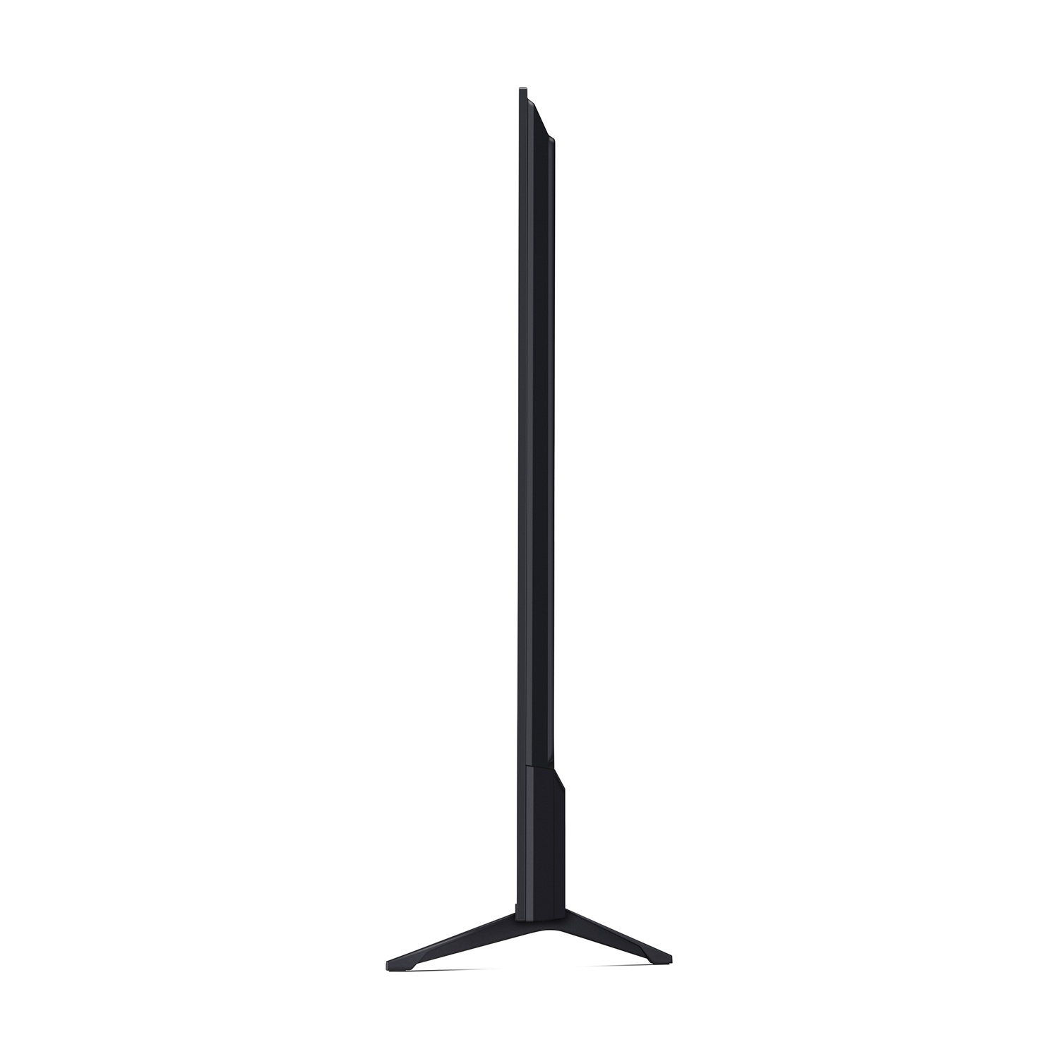Vista laterale di un TV LG nero su sfondo bianco. Il TV è sottile e poggia su due piedi.