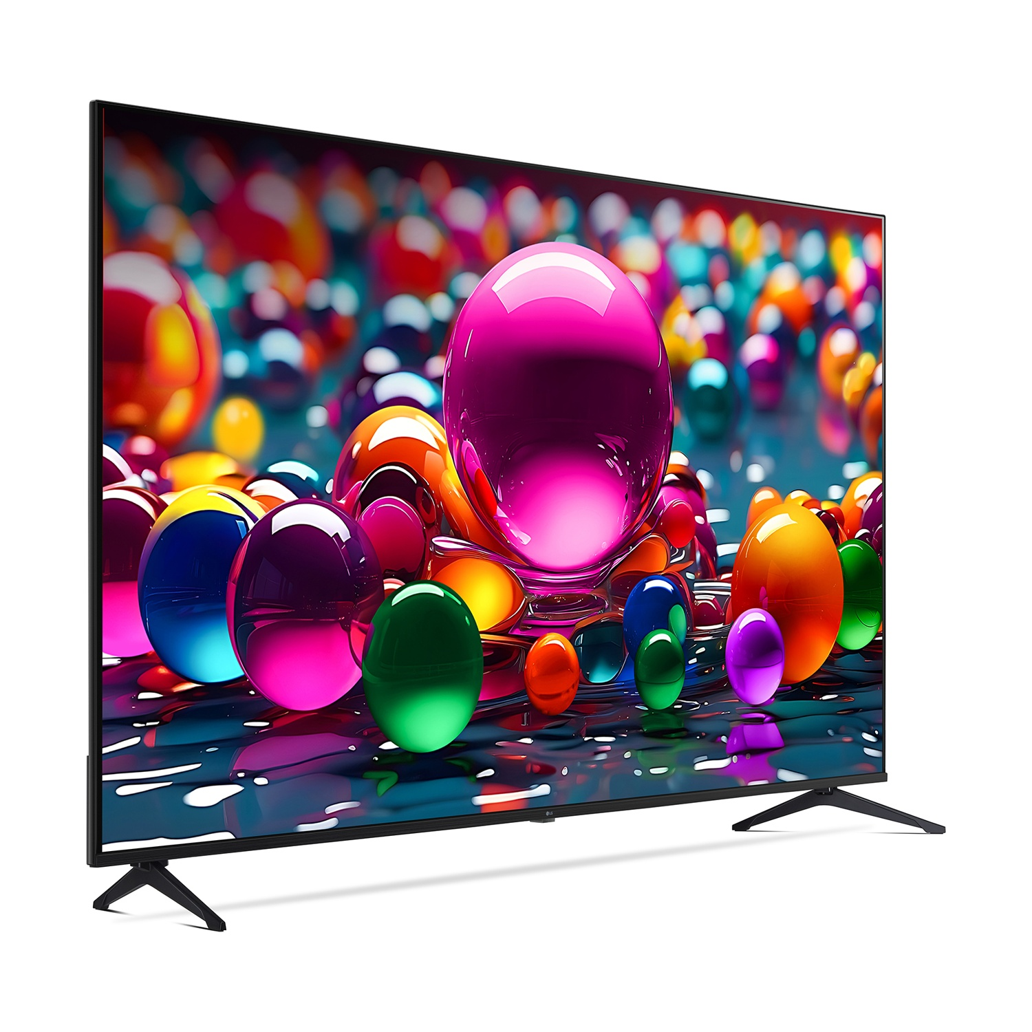 TV LG con globi colorati sullo schermo, supporto nero. Sfondo bianco.