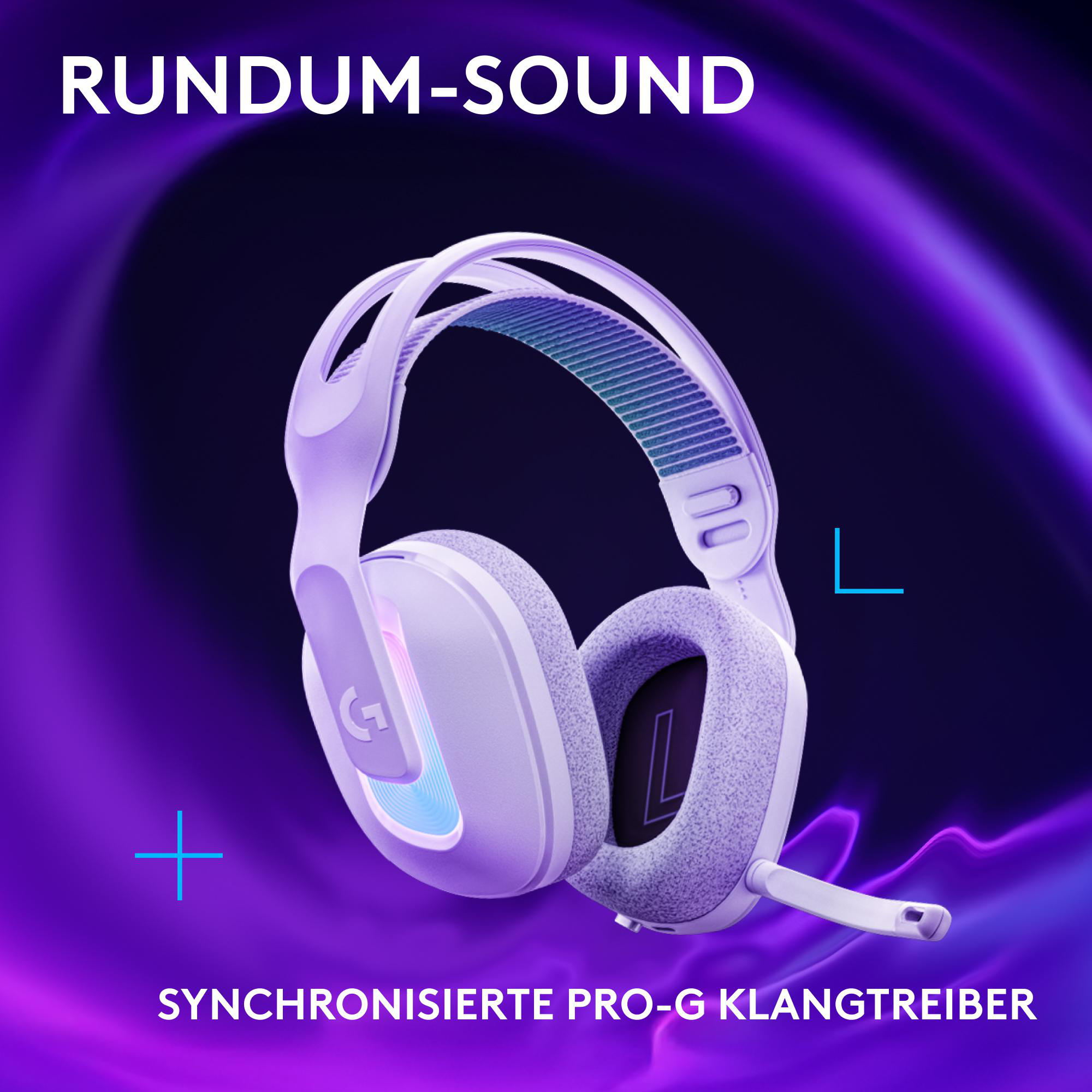 Weißes Gaming-Headset mit lila Akzenten.