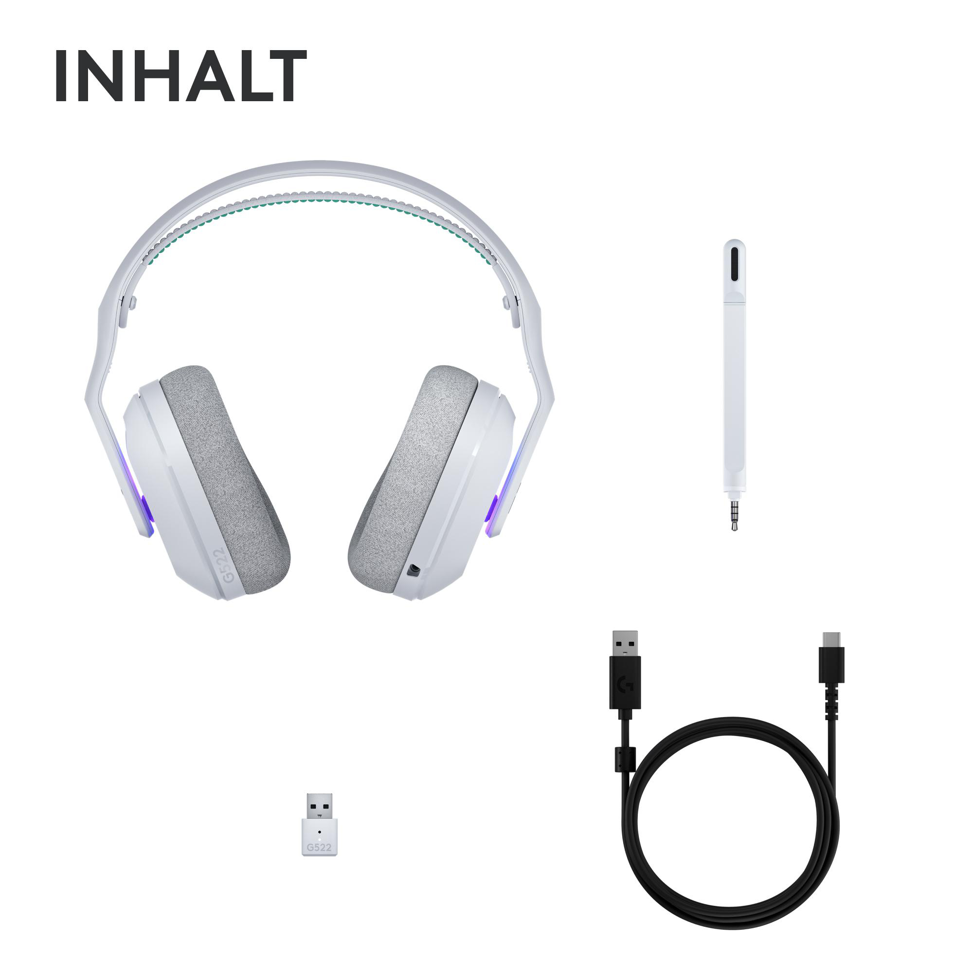 Weißes Headset, schwarzes Kabel und weißer USB-Adapter auf weißem Hintergrund.