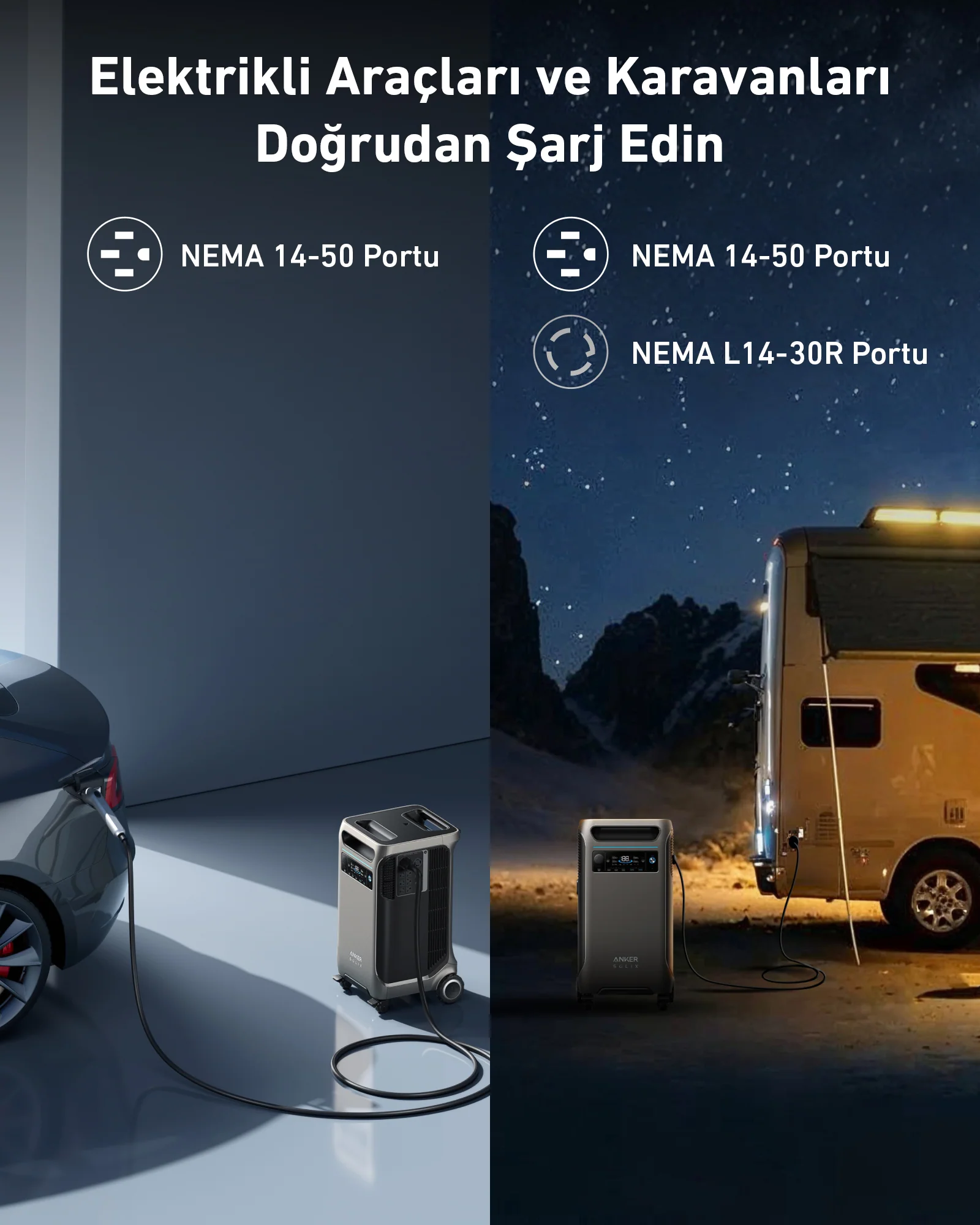İki resim. Biri şarj olan bir araba, diğeri bir karavan. Üstte metin ve bağlantı noktası detayları.