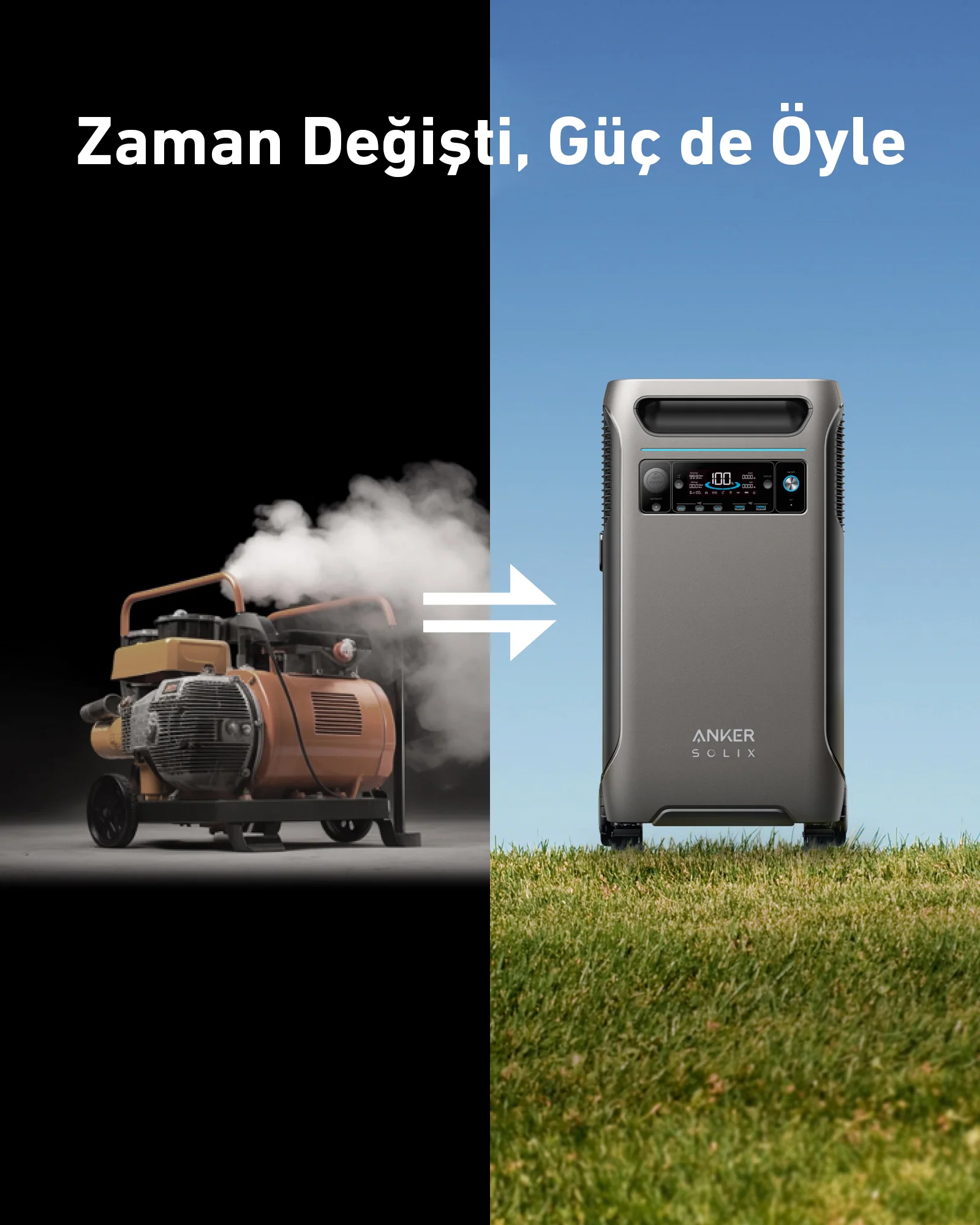 Görsel, enerji kaynaklarının evrimini gösteriyor. Eski bir jeneratörden modern bir taşınabilir enerji istasyonuna.