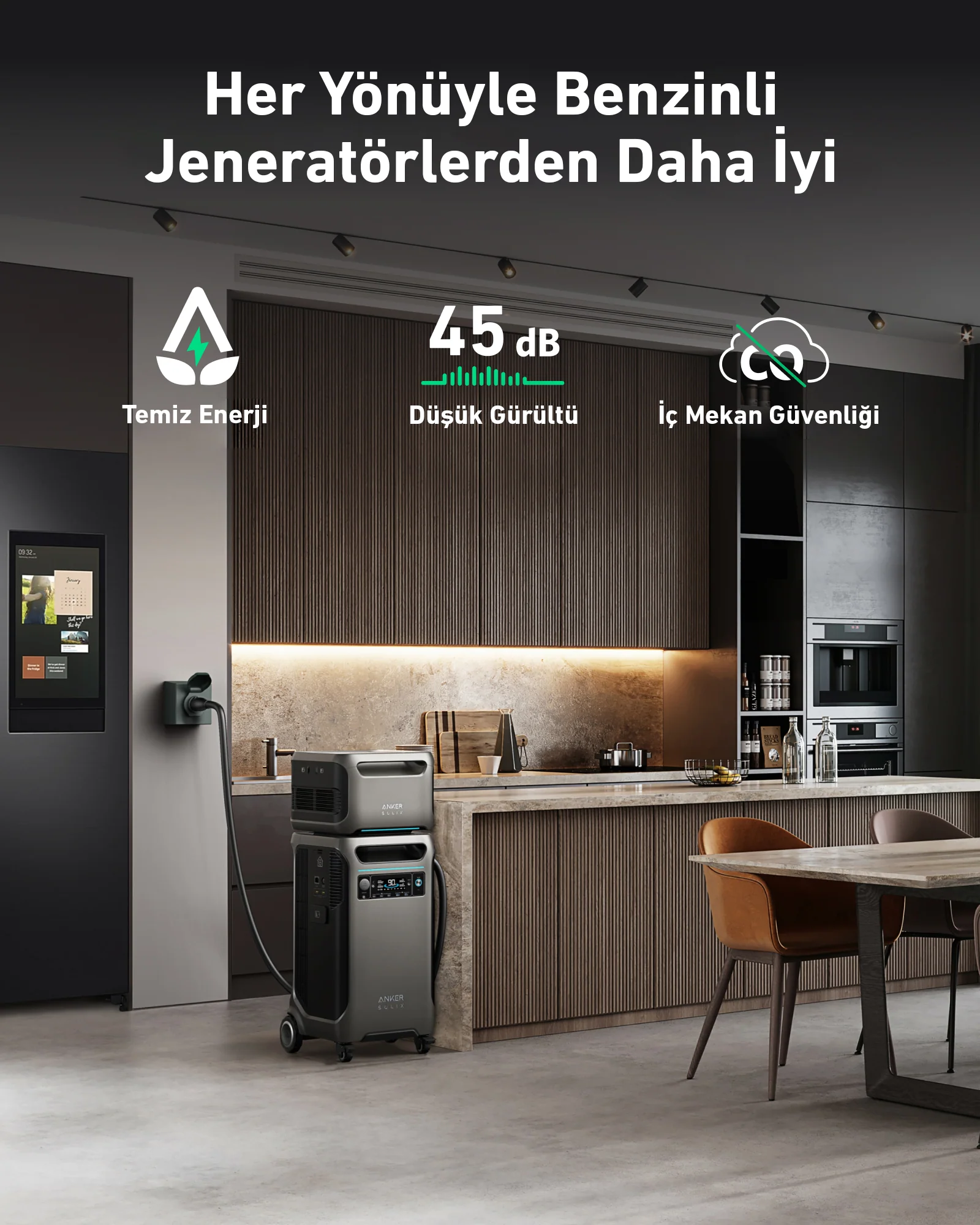 Bir mutfakta taşınabilir bir enerji istasyonu. Temiz enerji, düşük gürültü ve iç mekan güvenliği vurgulanıyor.