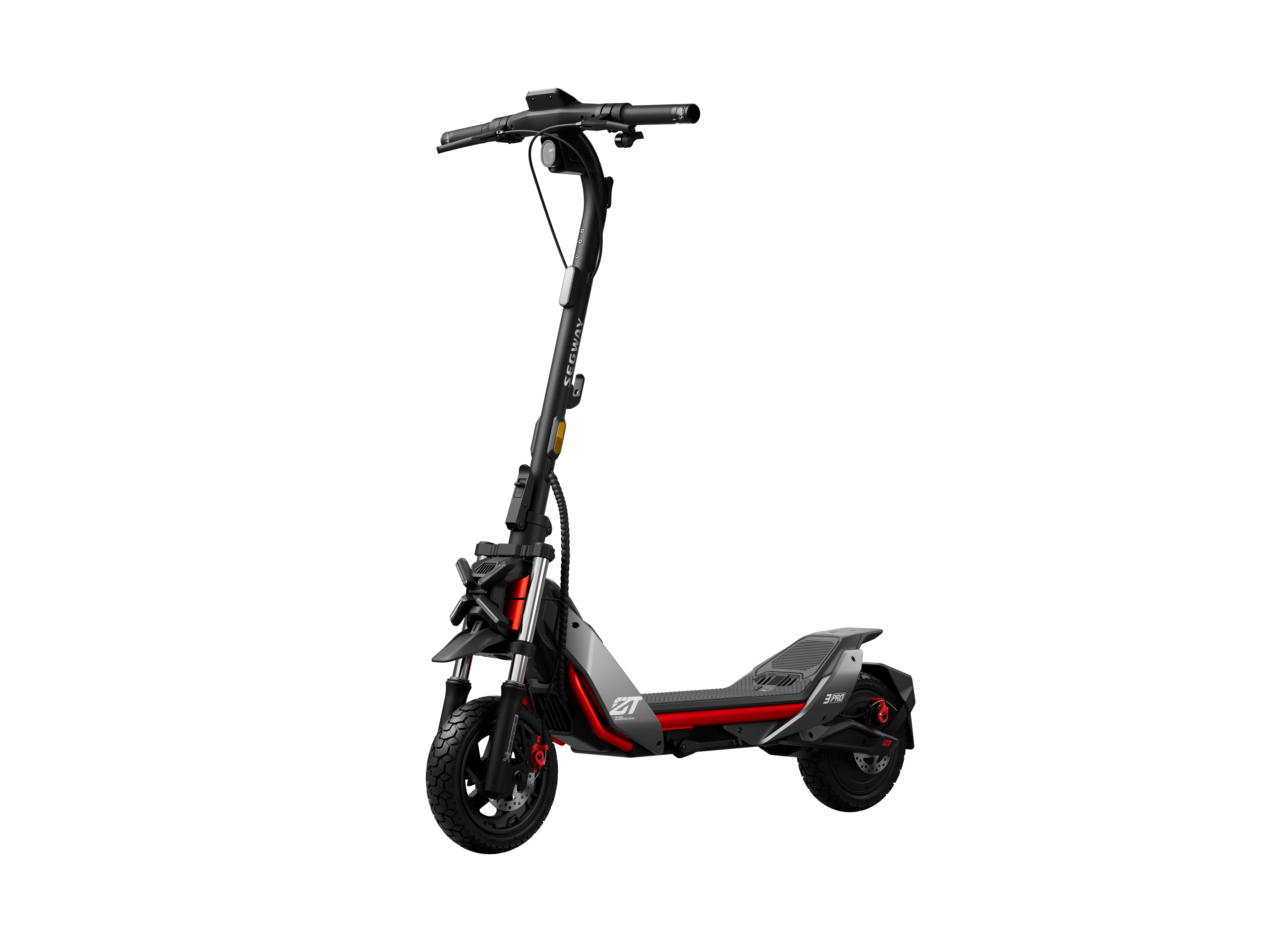 Siyah ve kırmızı Segway scooter. Scooter'ın ön farı ve gövdesi boyunca kırmızı bir şeridi var.