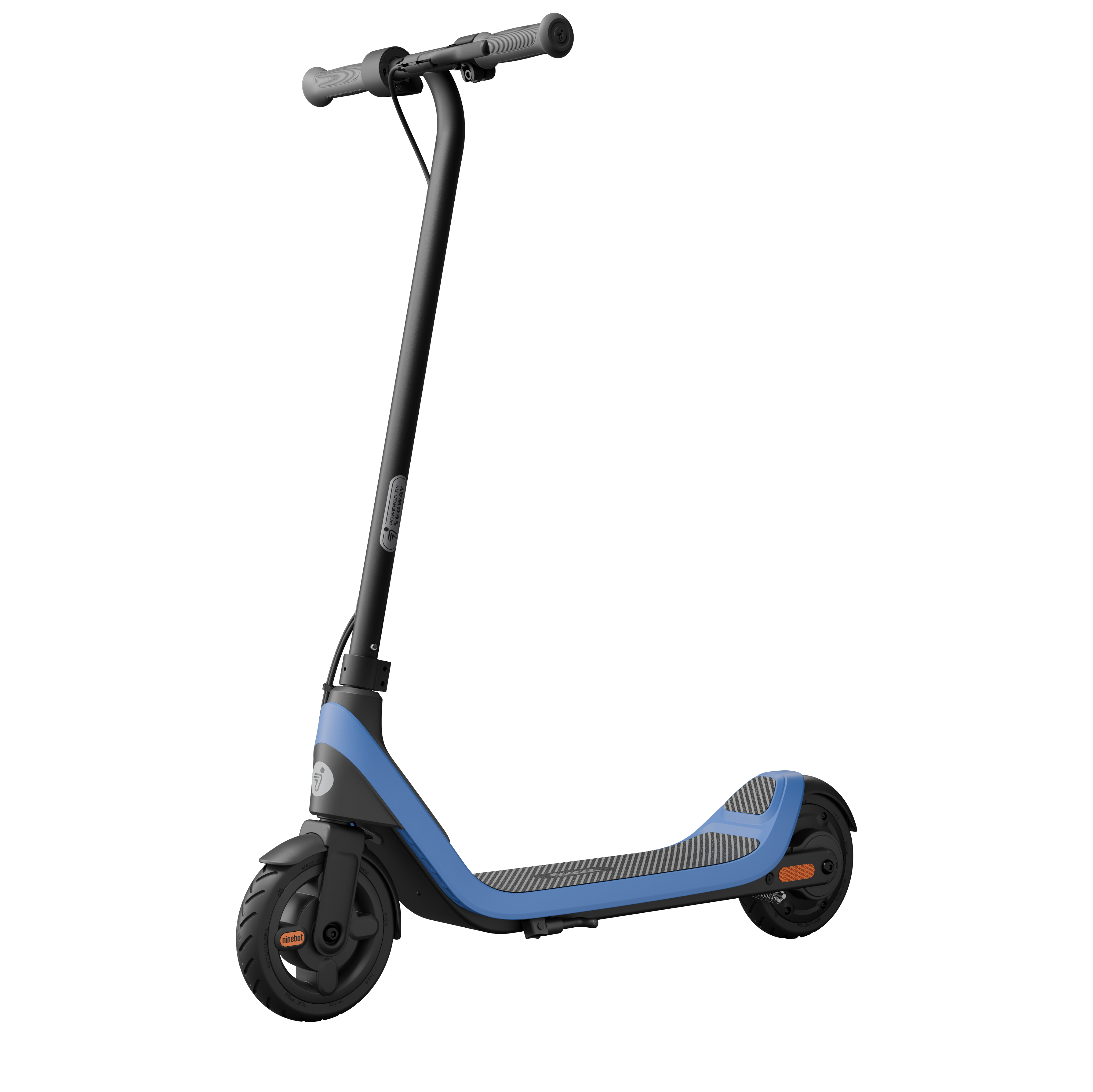 Siyah zemin üzerinde siyah detaylara sahip mavi elektrikli scooter.