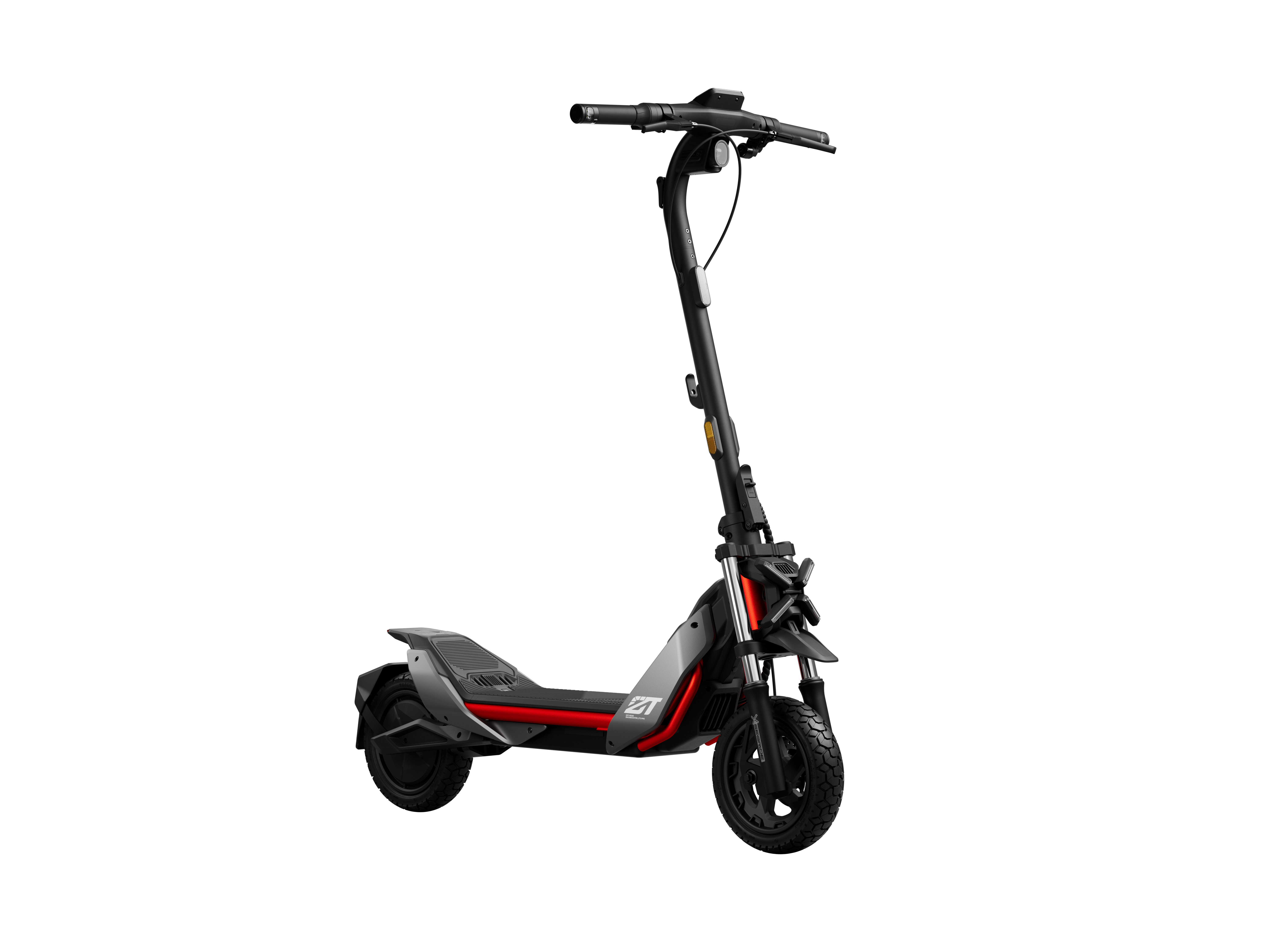 Siyah zemin üzerinde kırmızı ve gri elektrikli scooter, ışık açık.
