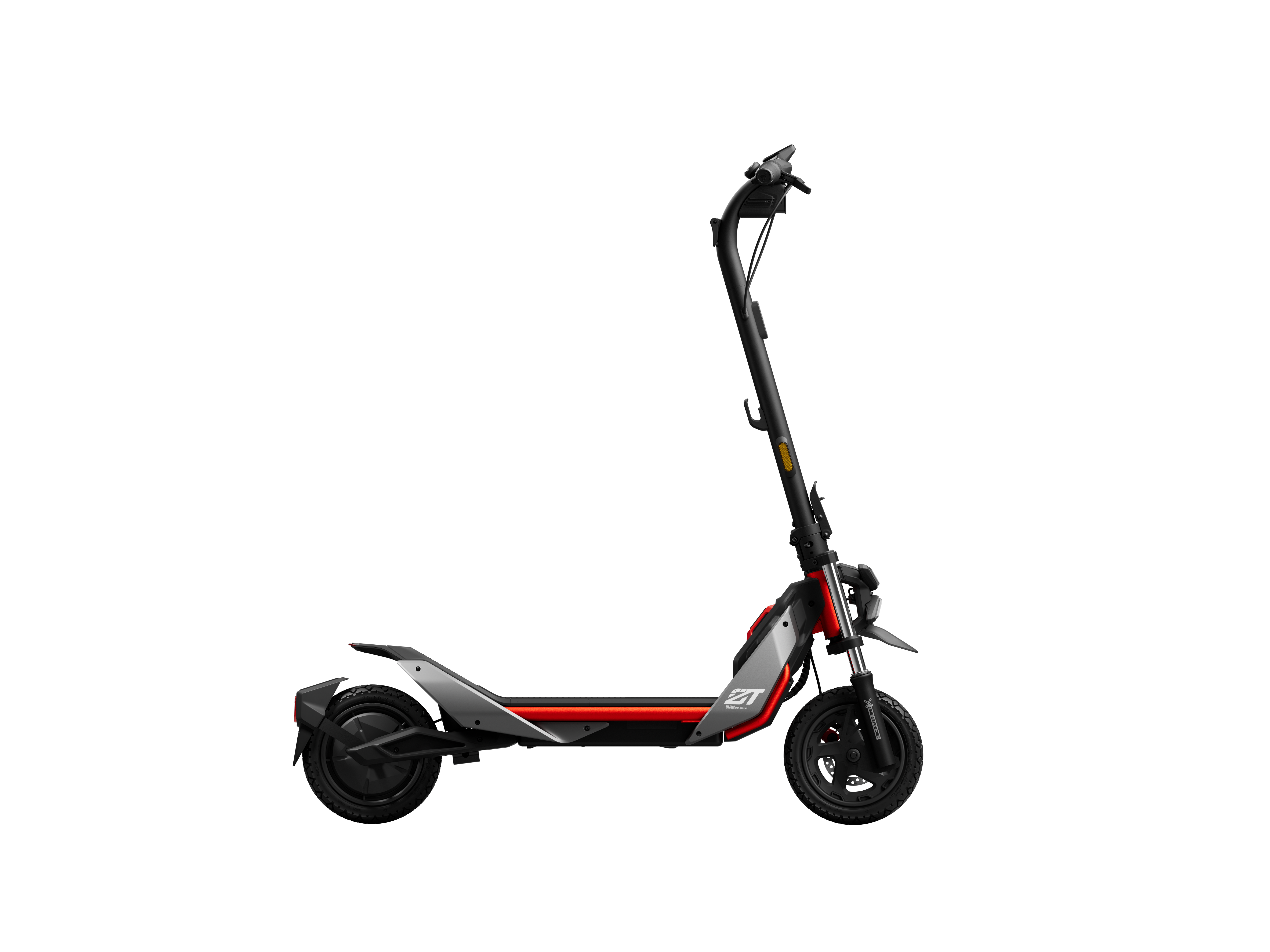 Siyah zemin üzerinde kırmızı ve gri elektrikli scooter, yan görünüm.