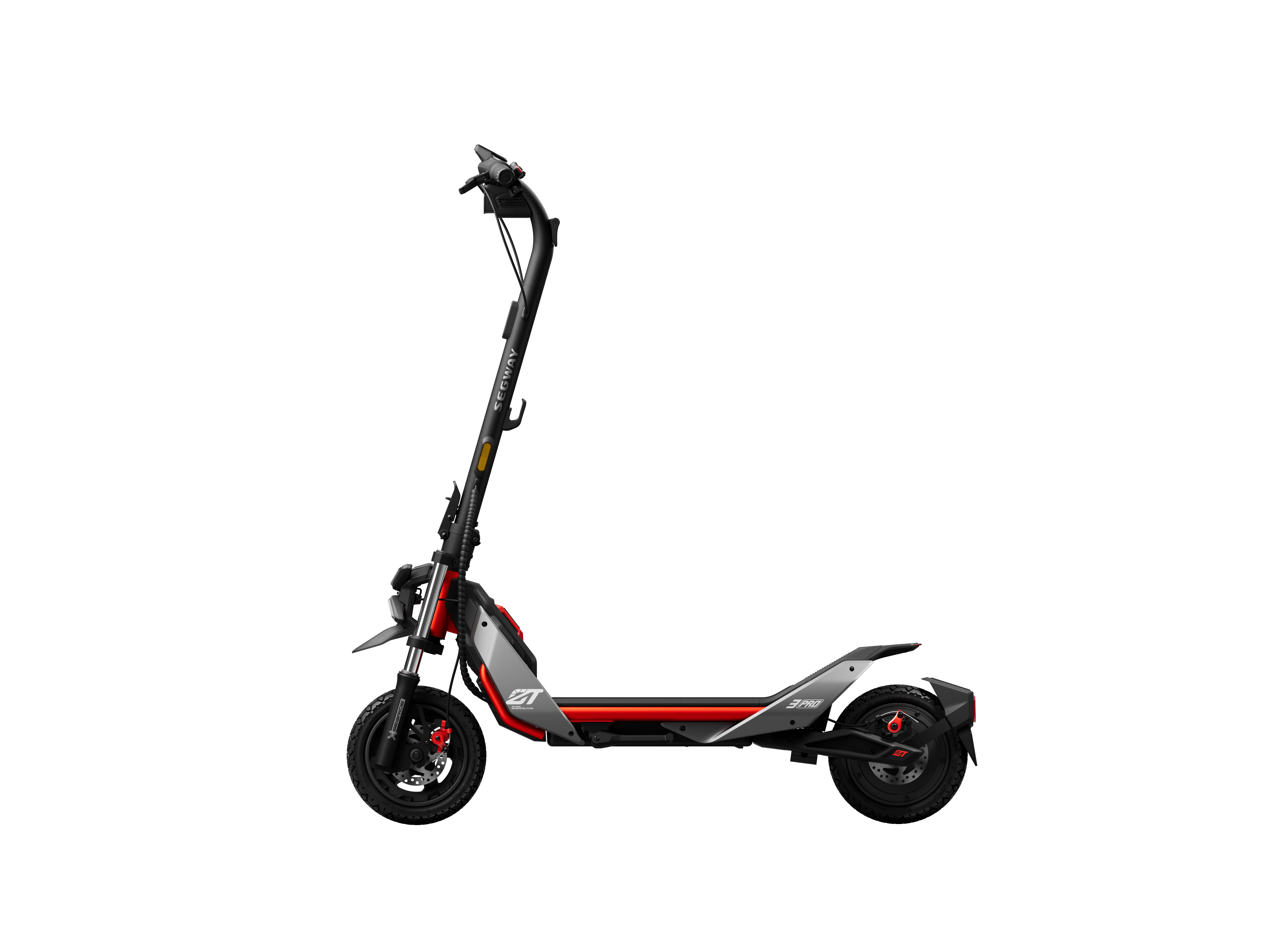 Siyah zemin üzerinde kırmızı ve gri elektrikli scooter, ışık açık.