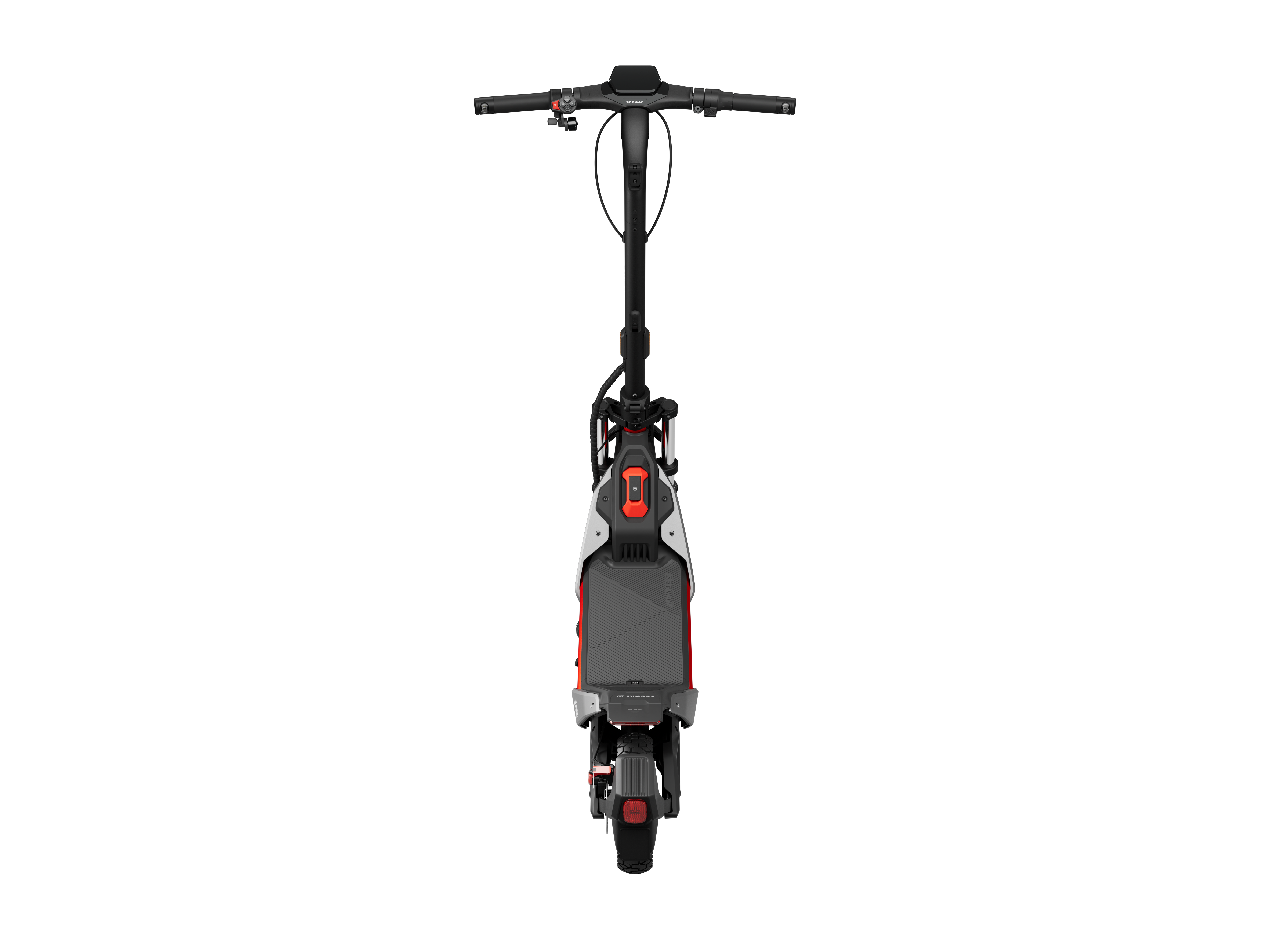 Siyah zemin üzerinde kırmızı ve beyaz detaylara sahip siyah elektrikli scooter. Yukarıdan görünüm.