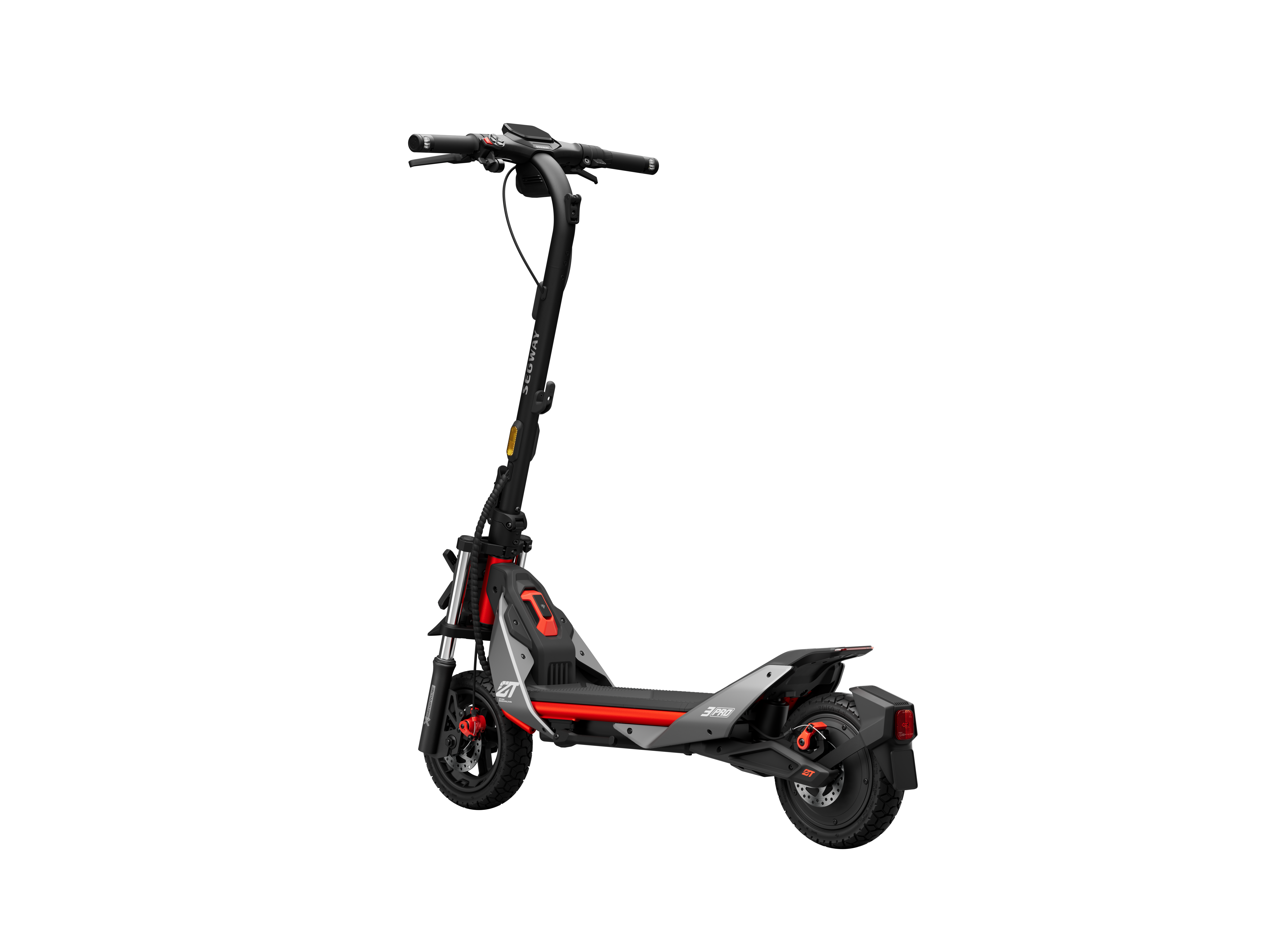 Siyah zemin üzerinde kırmızı ve gri elektrikli scooter, yan görünüm.