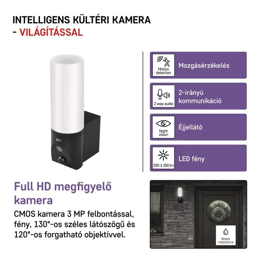 Reklámgrafika egy okos kültéri kamerához fénnyel. Ikonokat és szöveget tartalmaz magyarul.