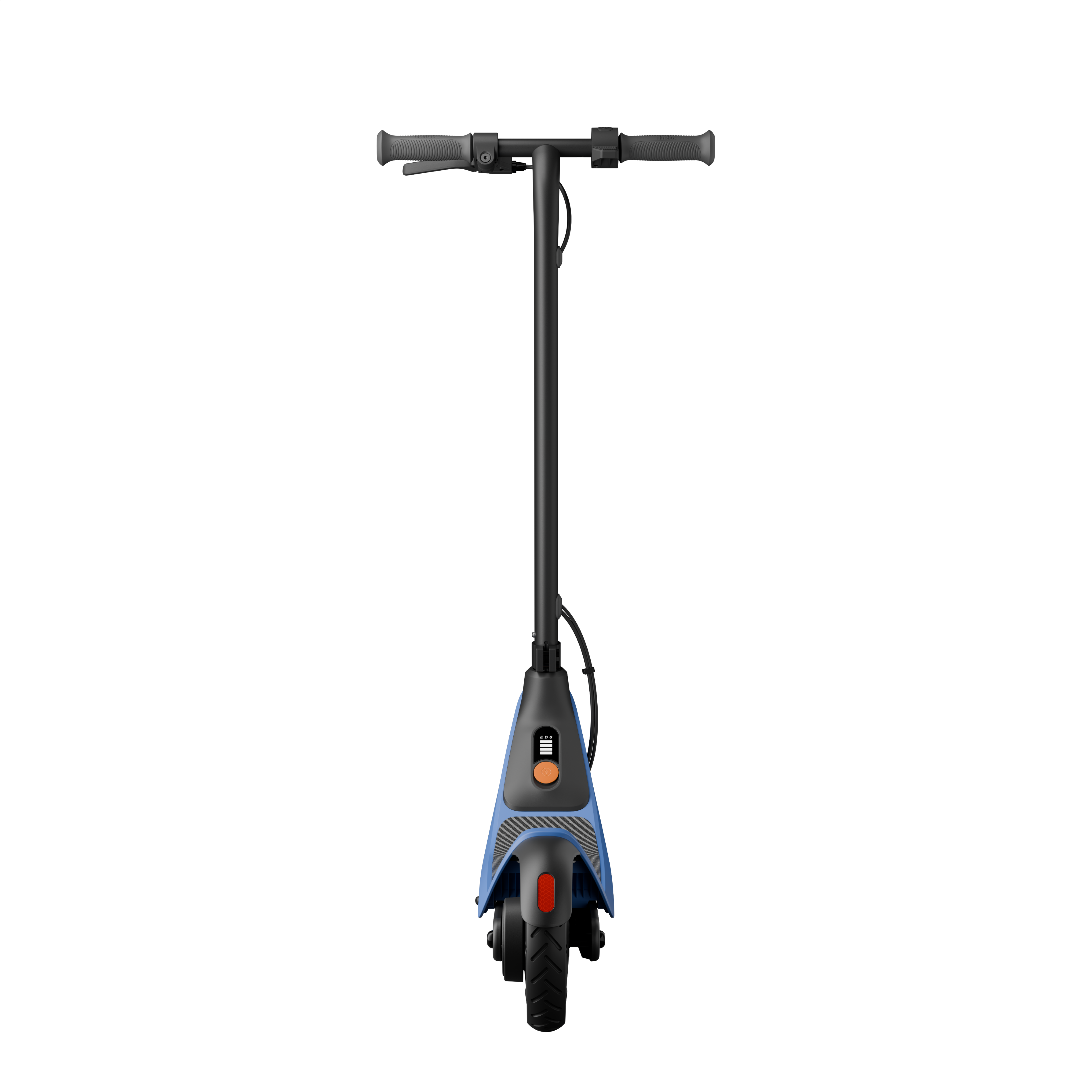 Önden bakan siyah elektrikli scooter.