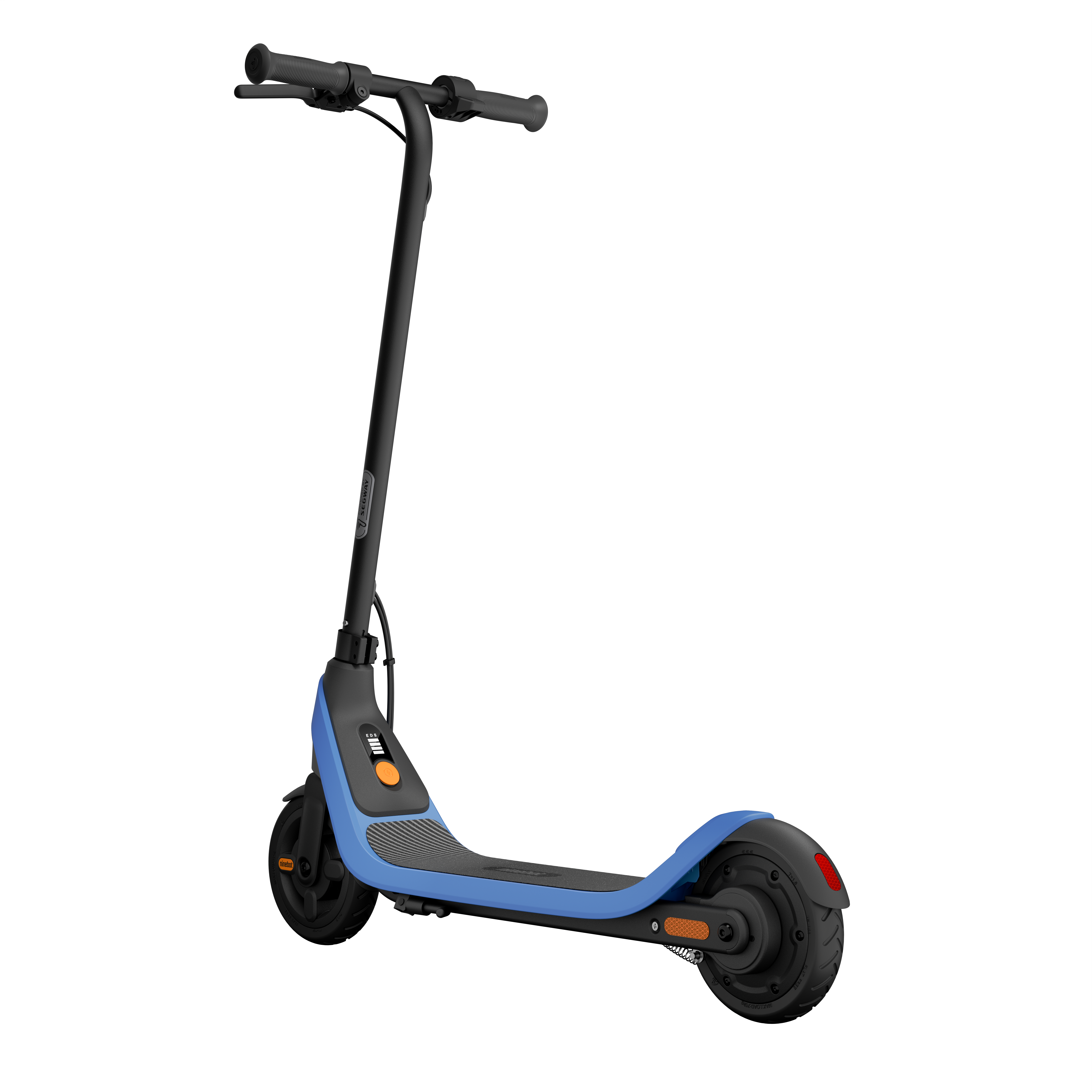 Açılı olarak duran mavi ve siyah bir elektrikli scooter.