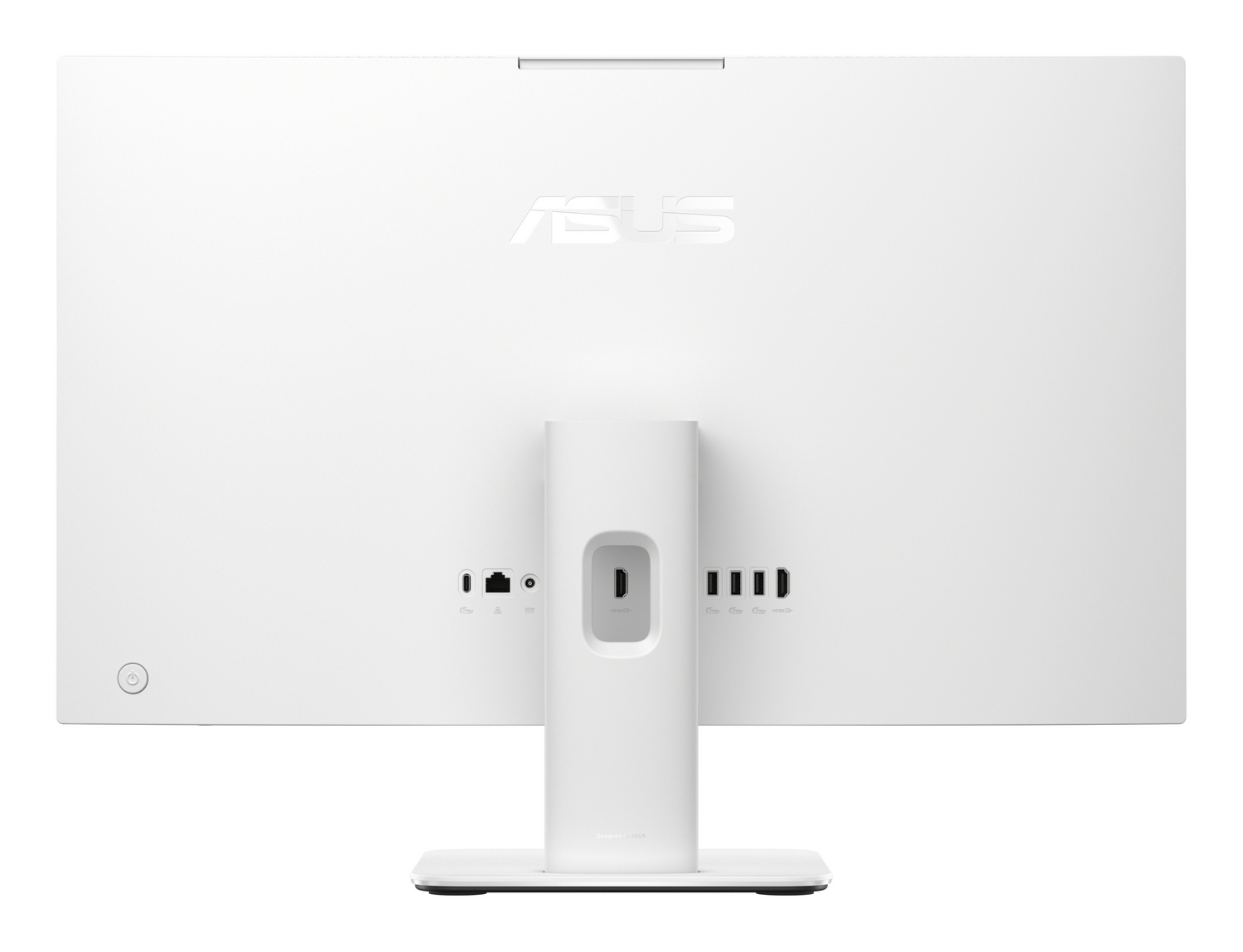 Parte trasera de un monitor de computadora blanco con puertos y el logotipo de ASUS. Los puertos incluyen USB y alimentación.
