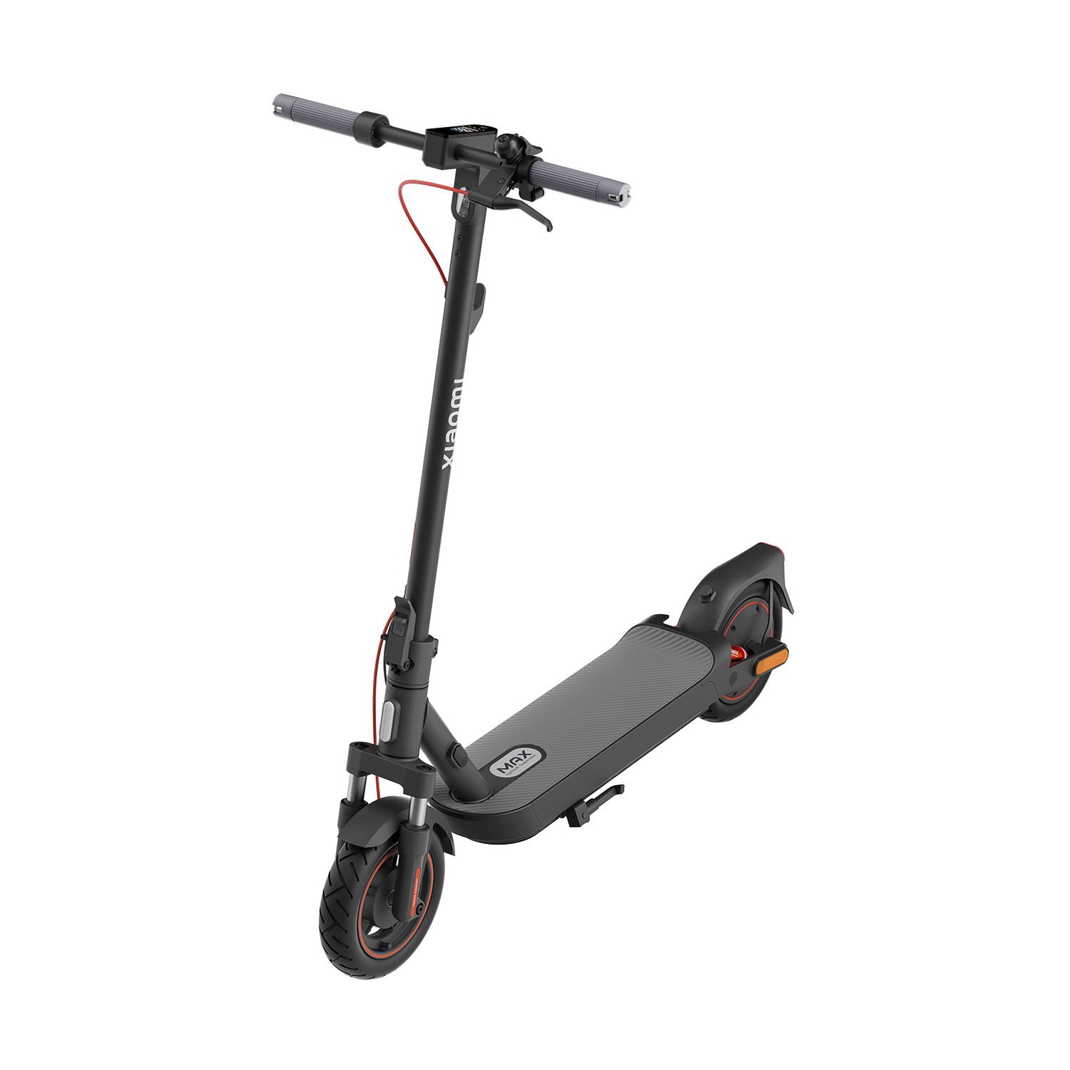 Scooter Xiaomi in prospettiva. Corpo nero, dettagli rossi. Marchio MAX.