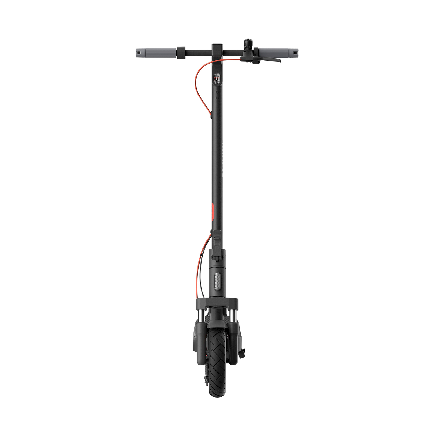 Vista frontale dello scooter Xiaomi nero. Cavo rosso visibile, manubrio.