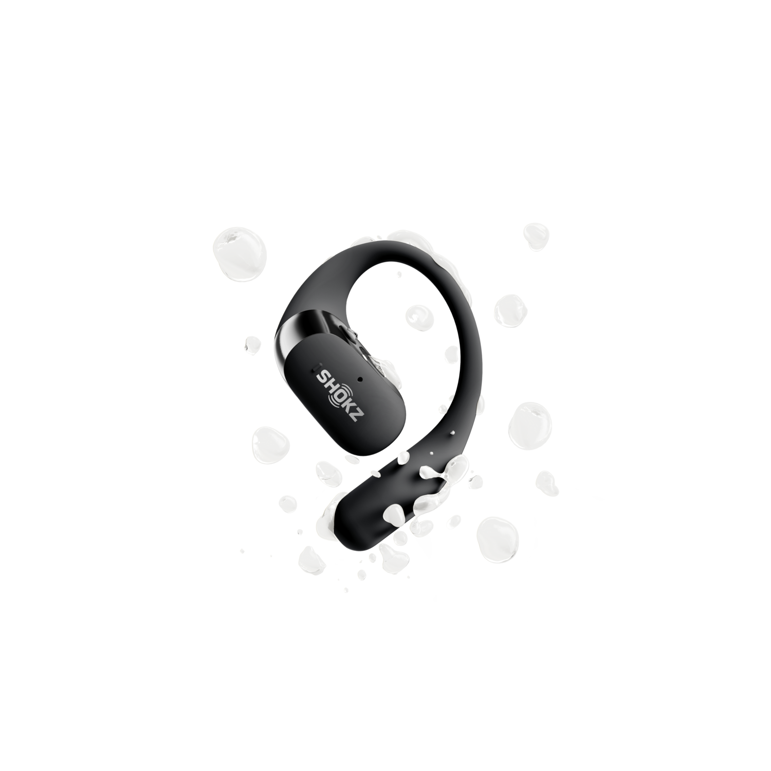 Shokz headphone with white splashes on a black background.