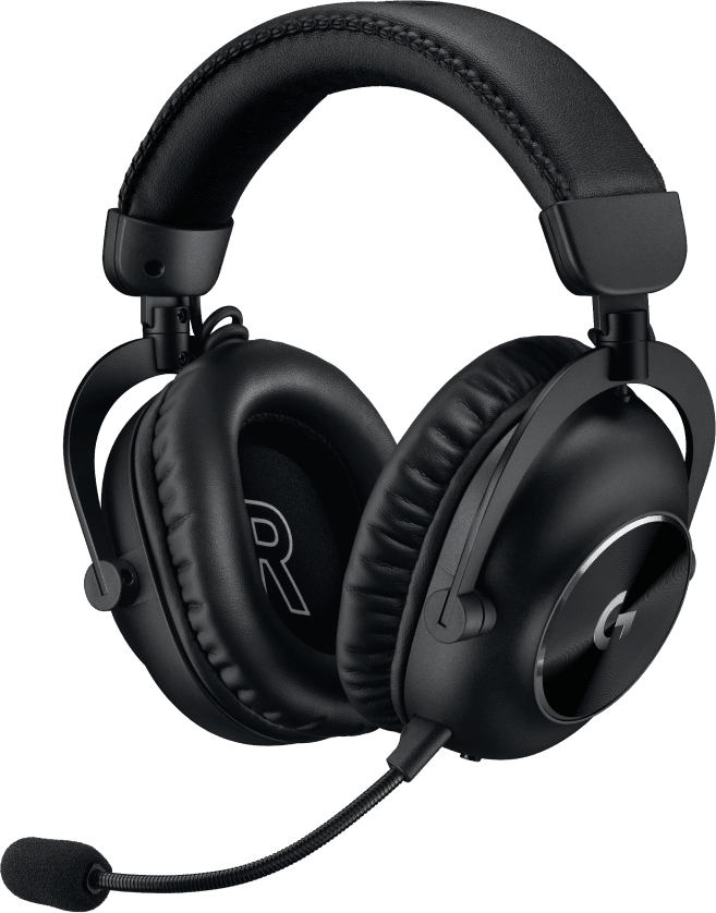 Fekete gamer fejhallgató. Logitech logó a fülkagylón. Mikrofon csatlakoztatva.