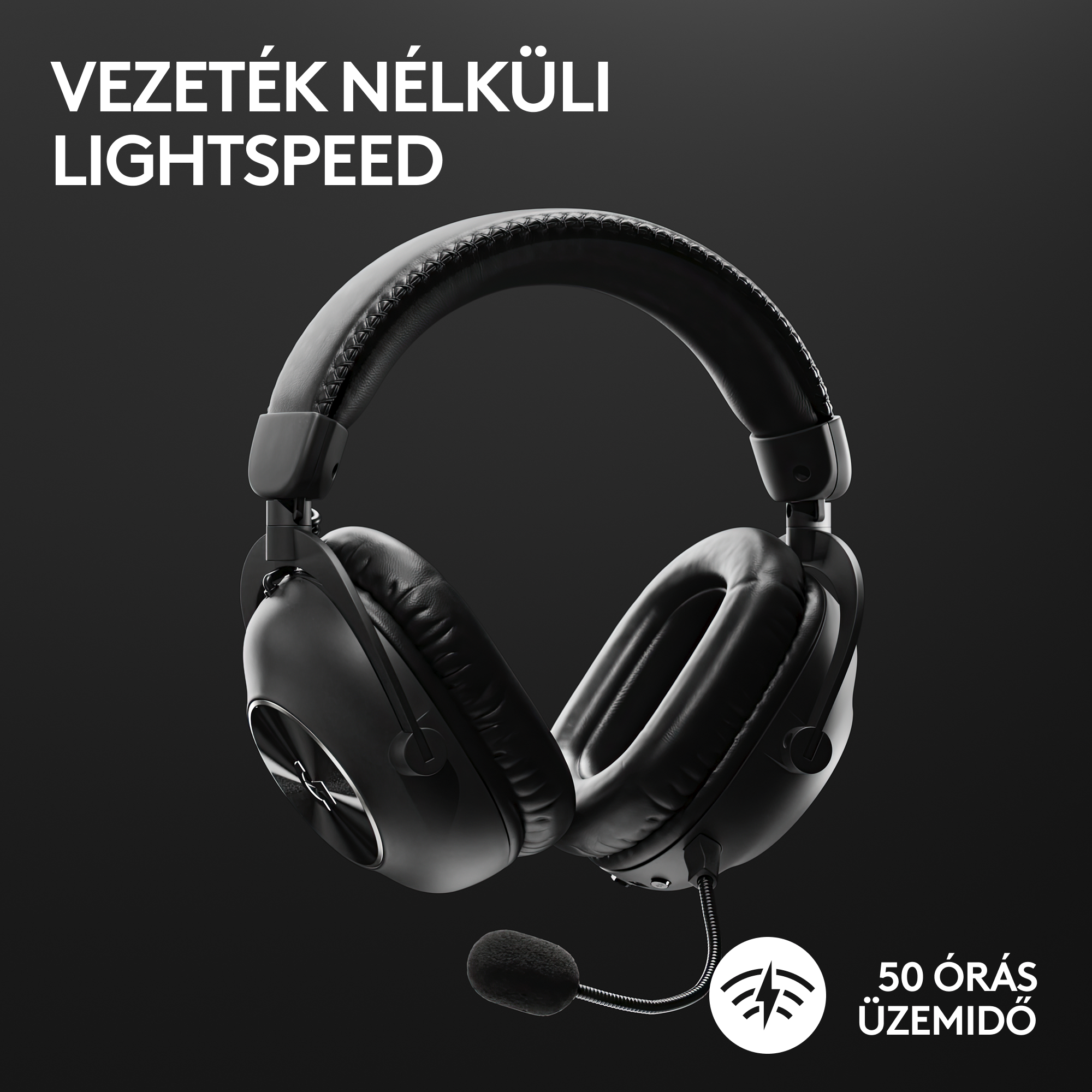 Fekete gamer fejhallgató. Vezeték nélküli Lightspeed. 50 órás üzemidő.