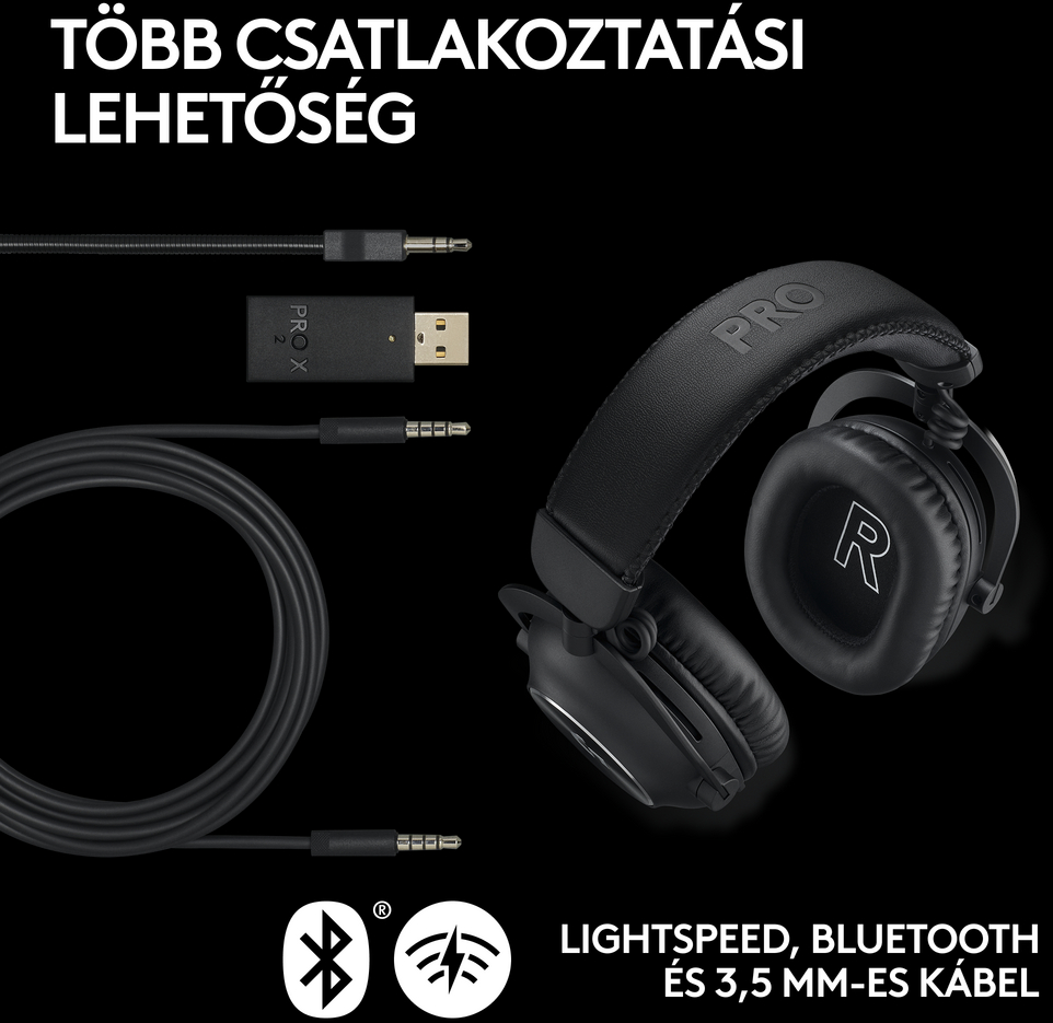 Fekete fejhallgató kábelekkel és USB-adapterrel. Bluetooth és 3,5 mm-es opciók. Szöveg: Több csatlakozási lehetőség.