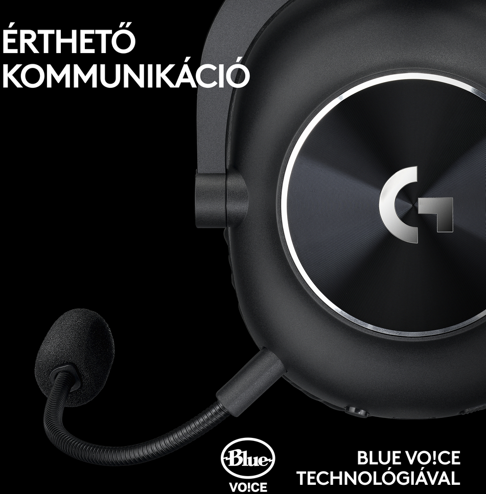Fekete headset mikrofonnal. Blue Voice technológia. Szöveg: Érthető kommunikáció.