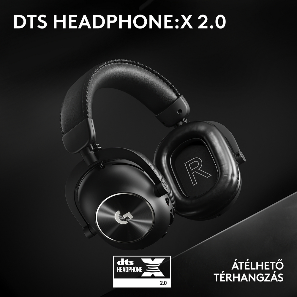 Fekete fejhallgató ezüst logóval, R a fülkagylón. Szöveg: DTS Headphone:X 2.0, magával ragadó hang.