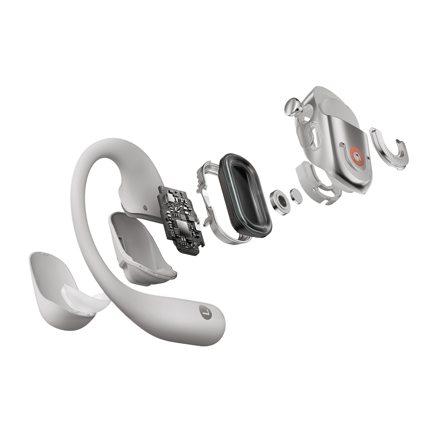Exploded view of white Shokz headphones components on white.