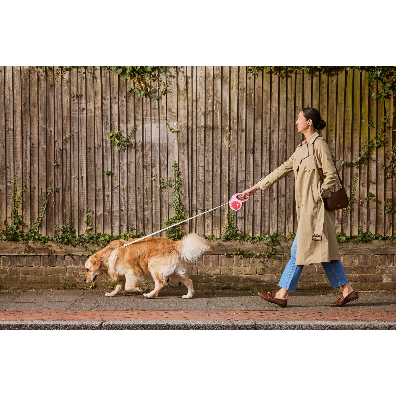 Woman walking dog on sidewalk, wearing earbuds, trench coat.