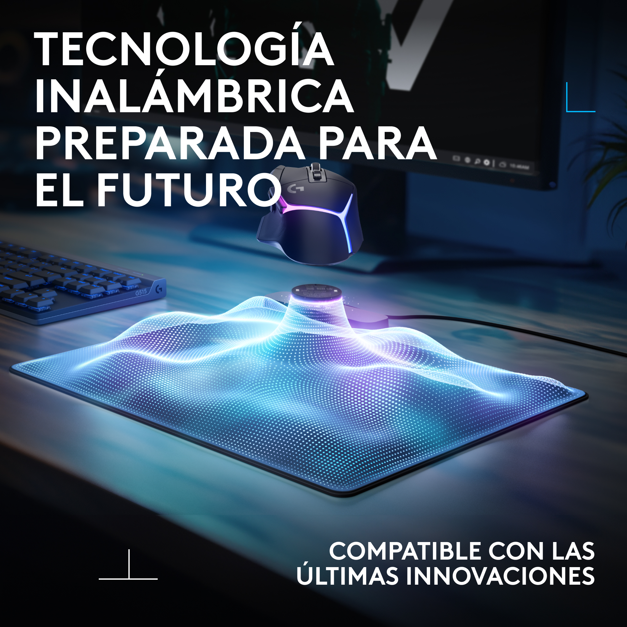 Un ratón y un cargador en un escritorio. La superficie brilla con luces azules.