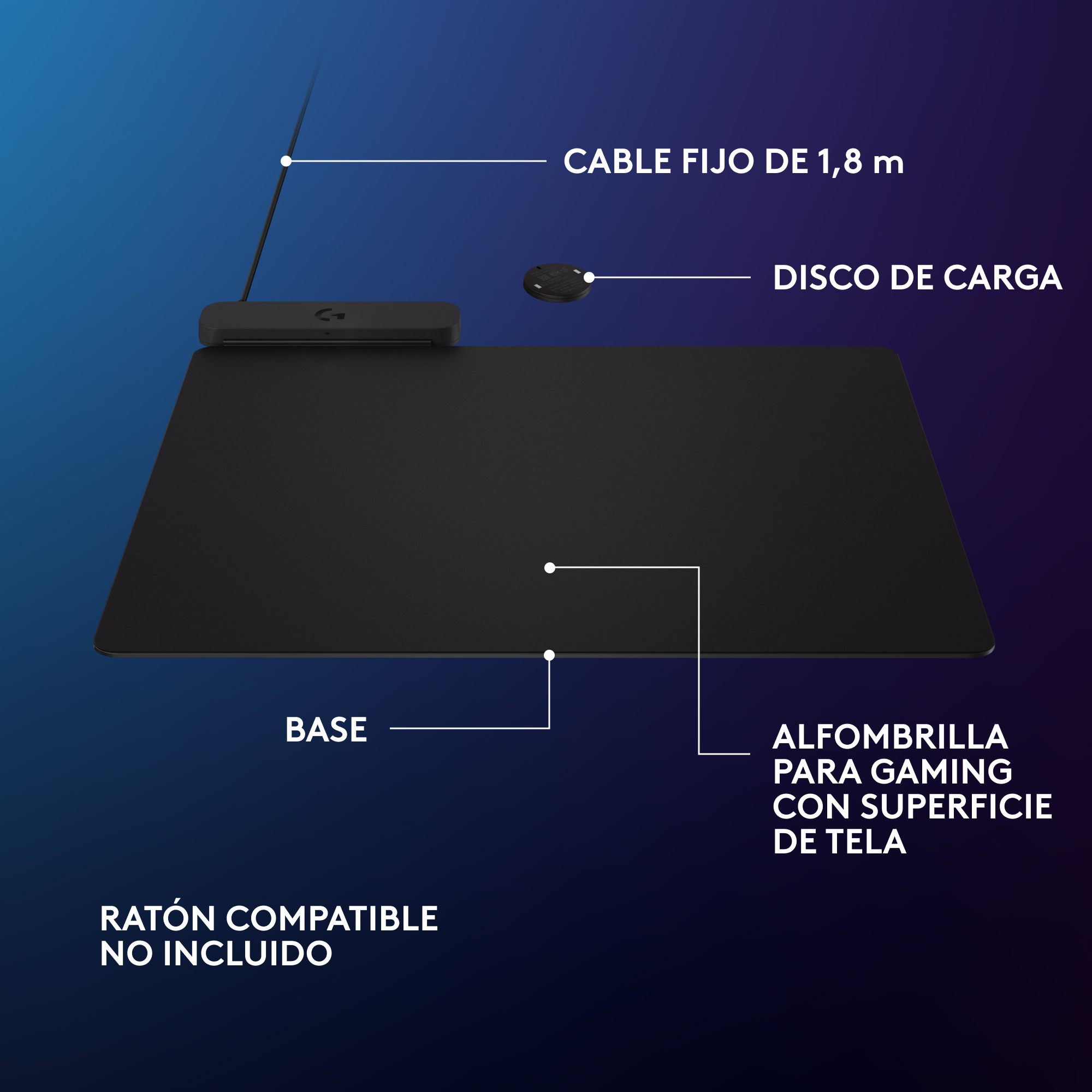 Alfombrilla de ratón para juegos negra con base negra y cable. Etiquetas de texto base, cable y disco de carga.
