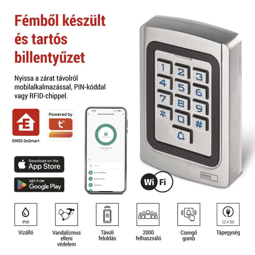 Egy számbillentyűzet, okostelefon egy alkalmazással és ikonok, amelyek olyan funkciókat képviselnek, mint a WiFi, a vandalizmus elleni védelem és a 12 V DC.