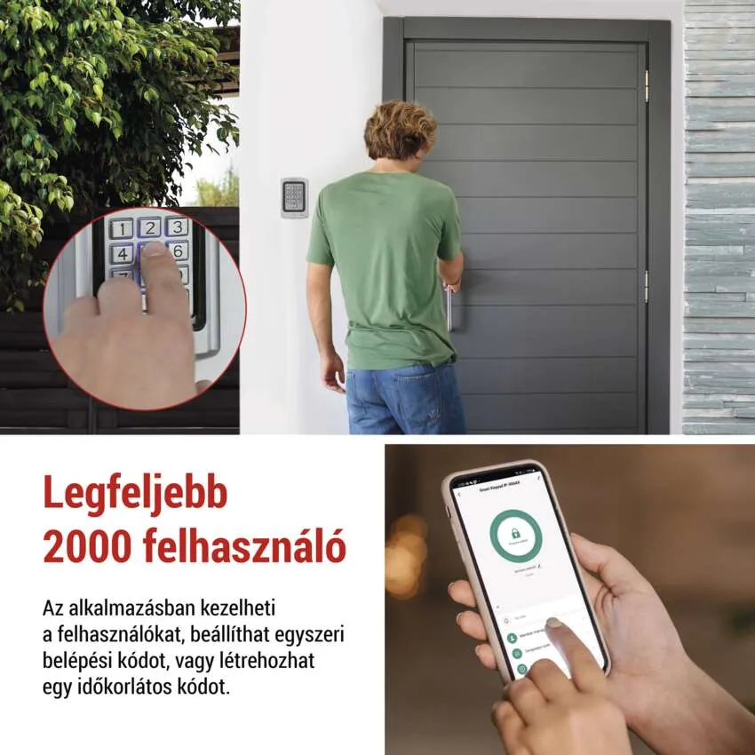 Egy személy számbillentyűzetet használ egy ajtó kinyitásához. Az okostelefon egy alkalmazást jelenít meg a hozzáférés-szabályozáshoz.