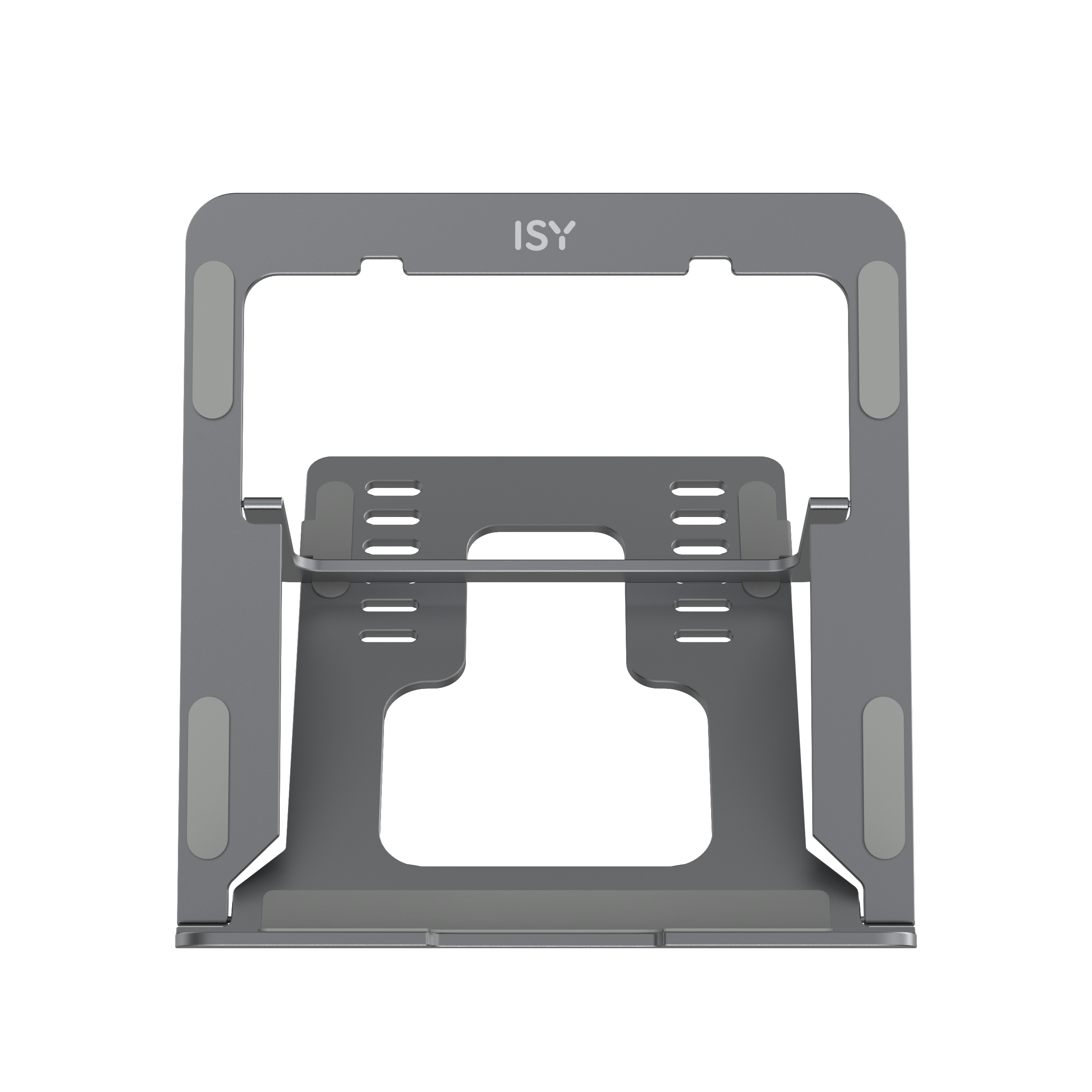 Laptopständer. Graues Metall. Es hat ein schlichtes Design mit Stützarmen und einem Sockel. ISY-Logo sichtbar.