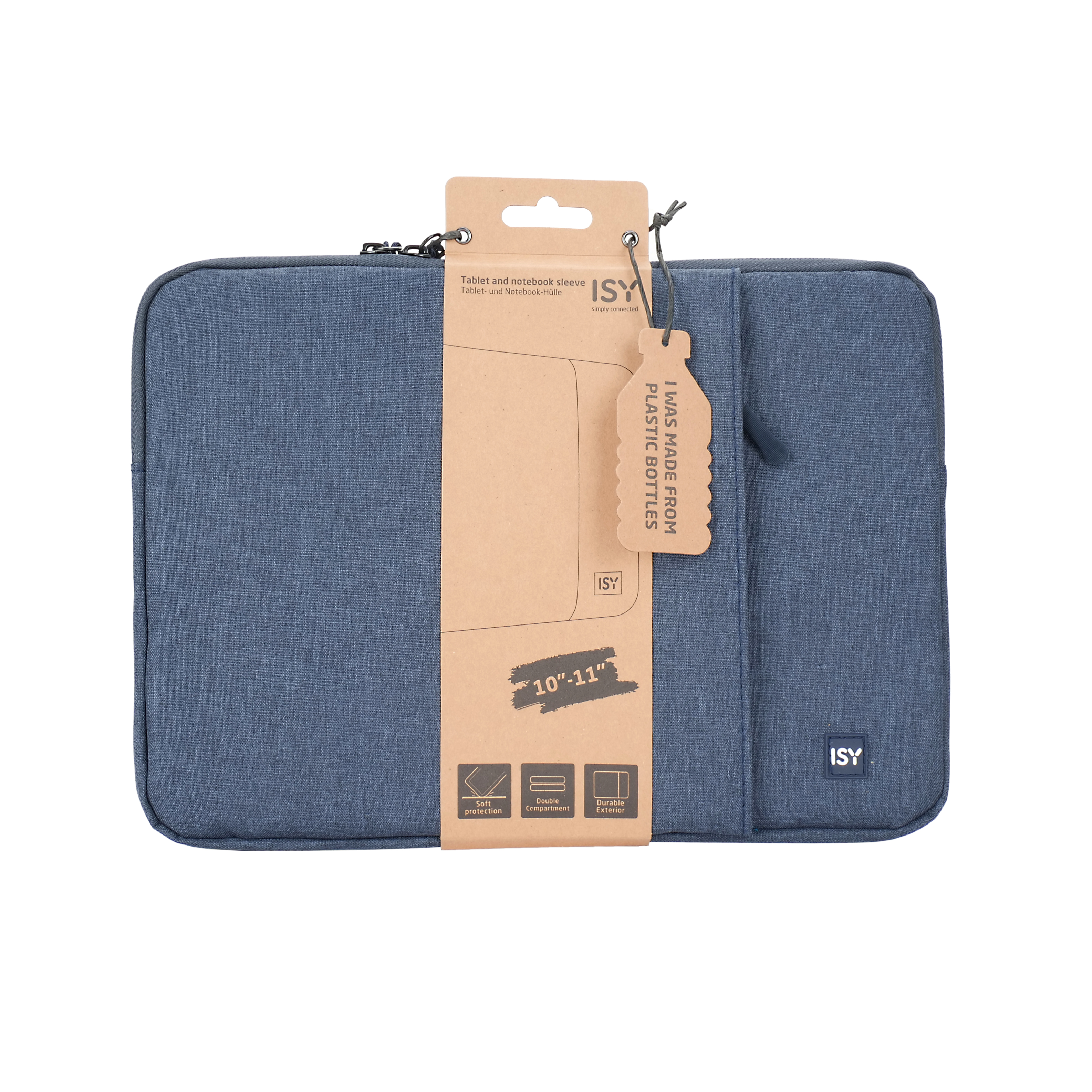 Una custodia blu per laptop con un'etichetta che dice: I WAS MADE FROM PLASTIC BOTTLES.