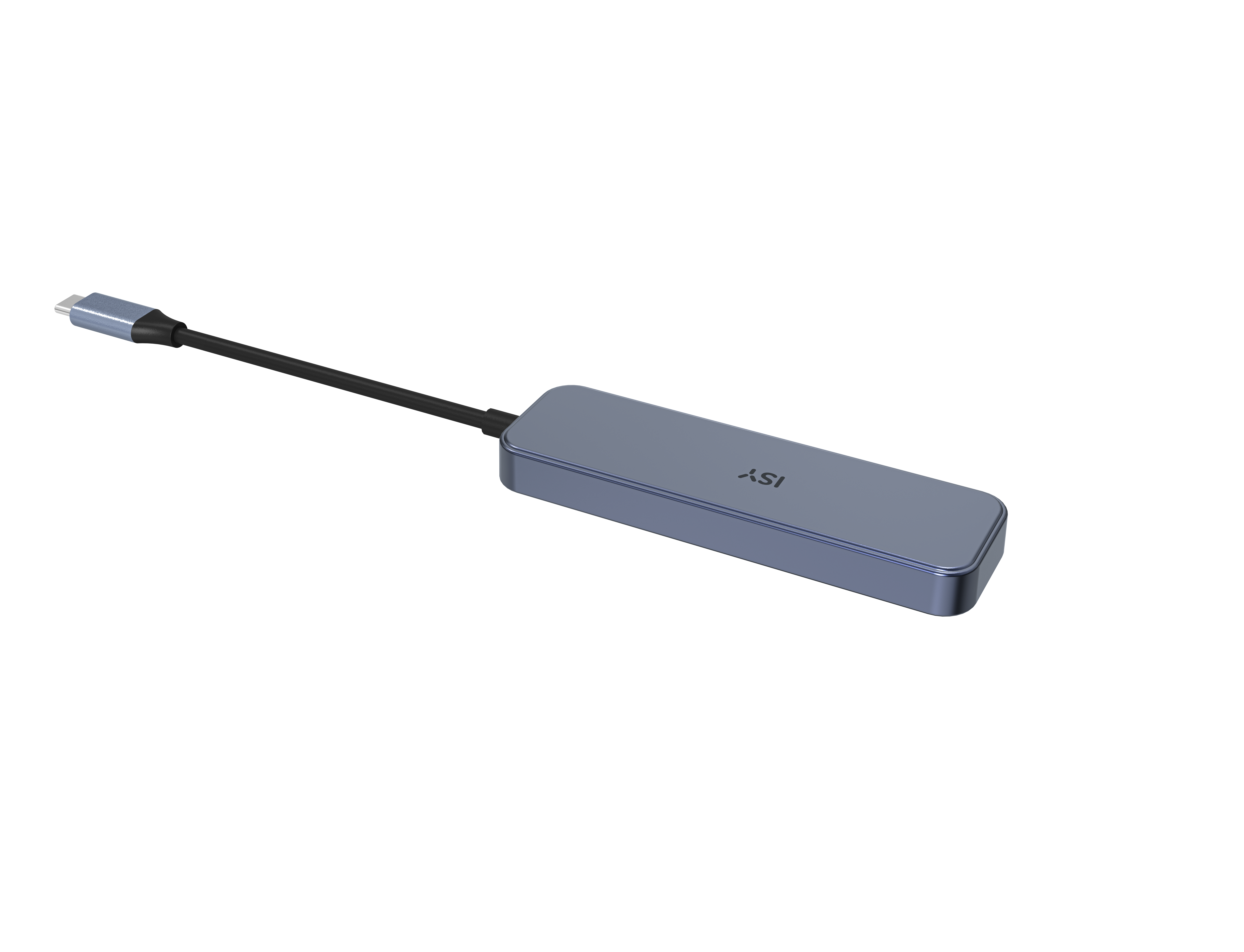 Un adattatore USB-C multiporta con corpo blu scuro e cavo nero.