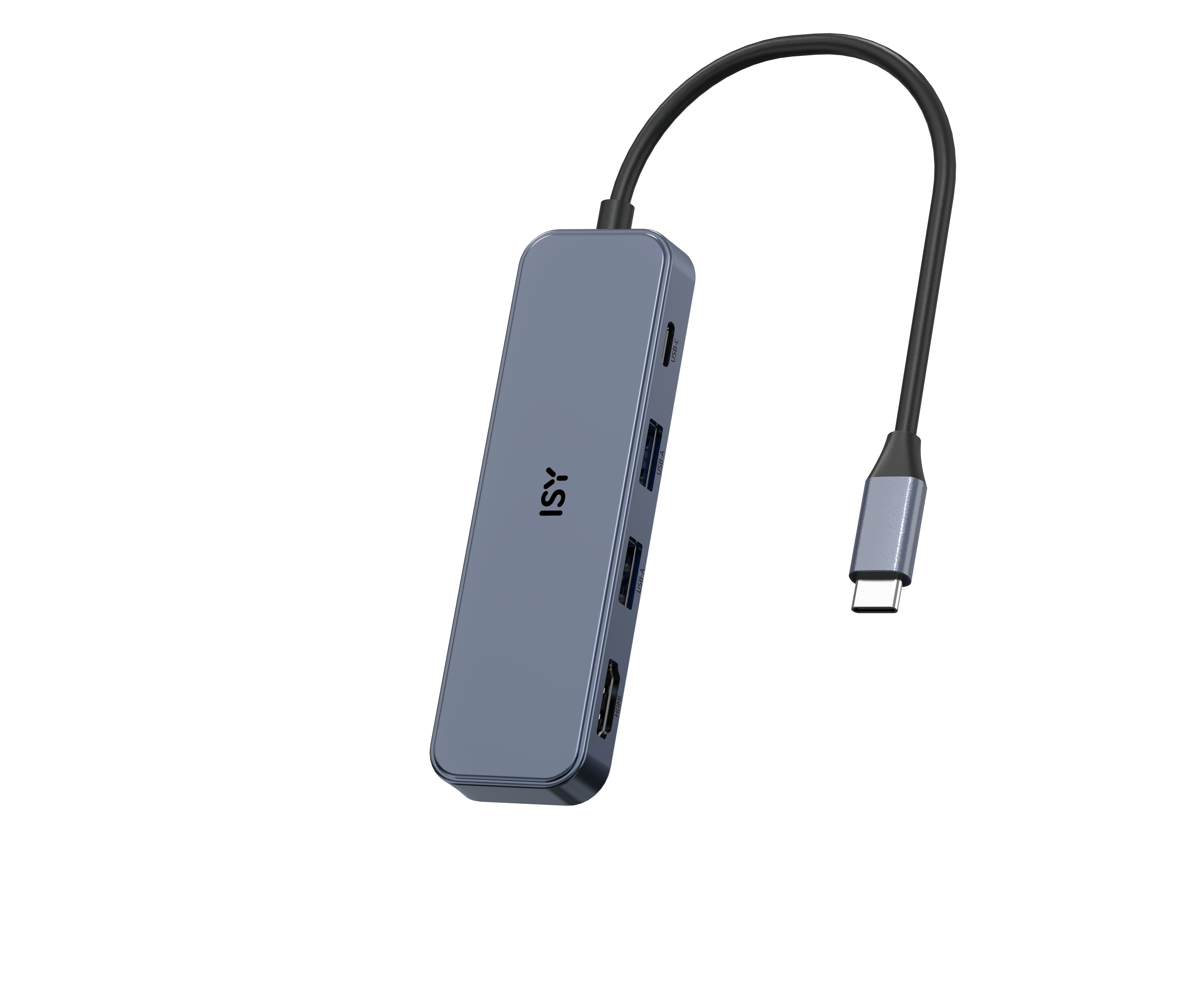 Ciemnoszary hub USB z wieloma portami. Czarny kabel ze złączem USB-C. Widoczne logo ISY.