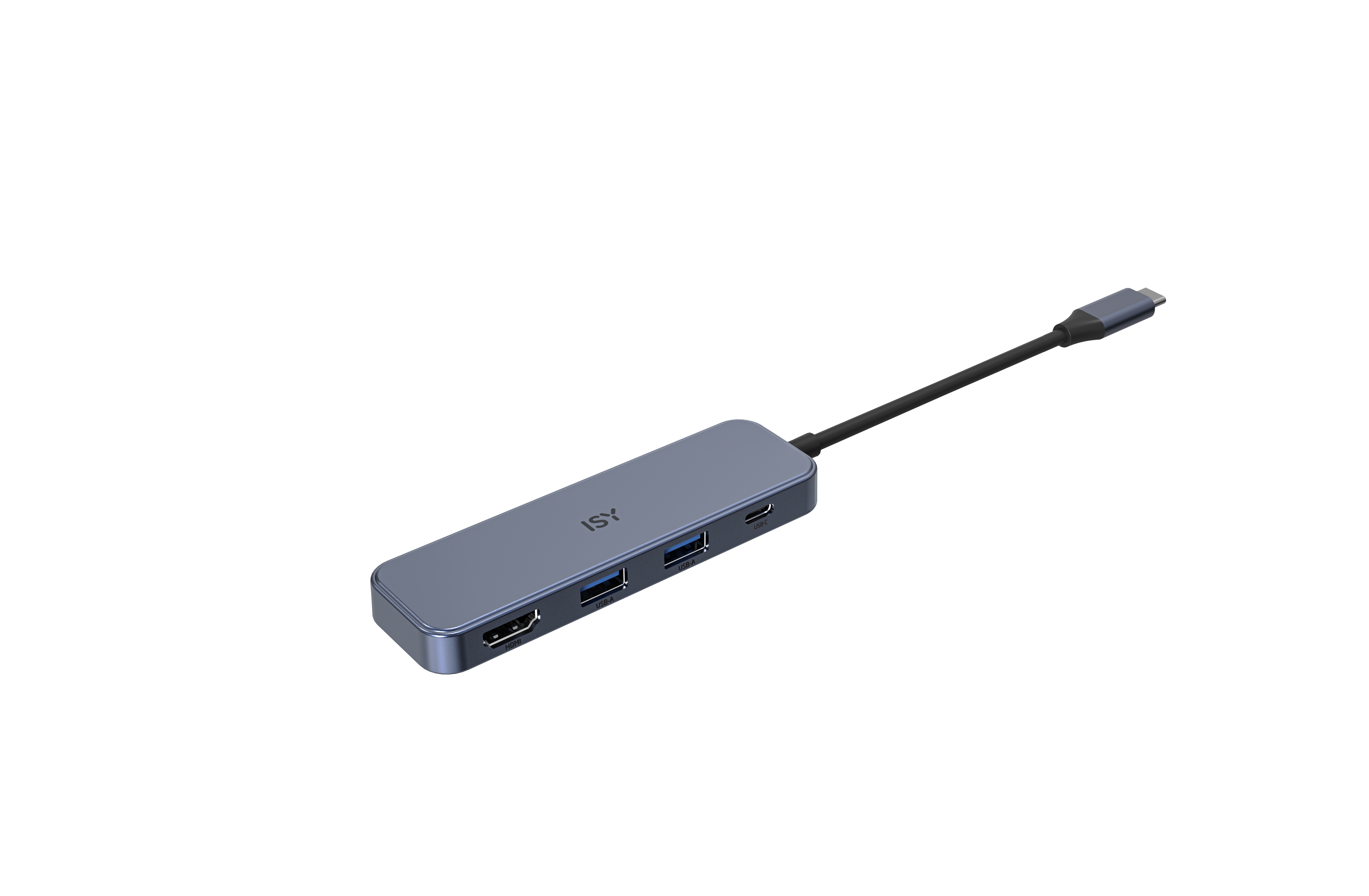 Niebieski adapter multiportowy USB-C na czarnym tle.
