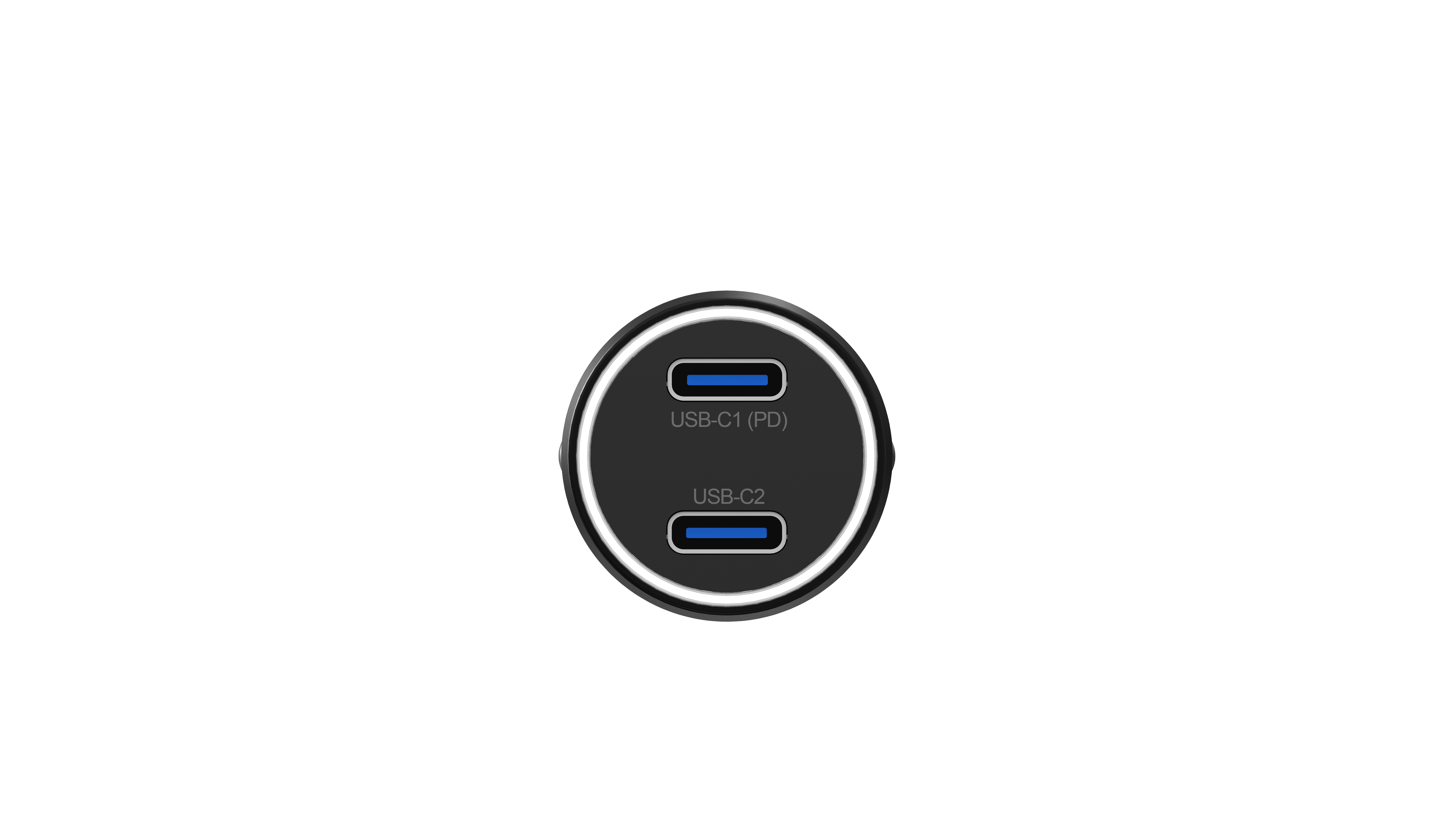 Un caricabatterie per auto nero con due porte USB.