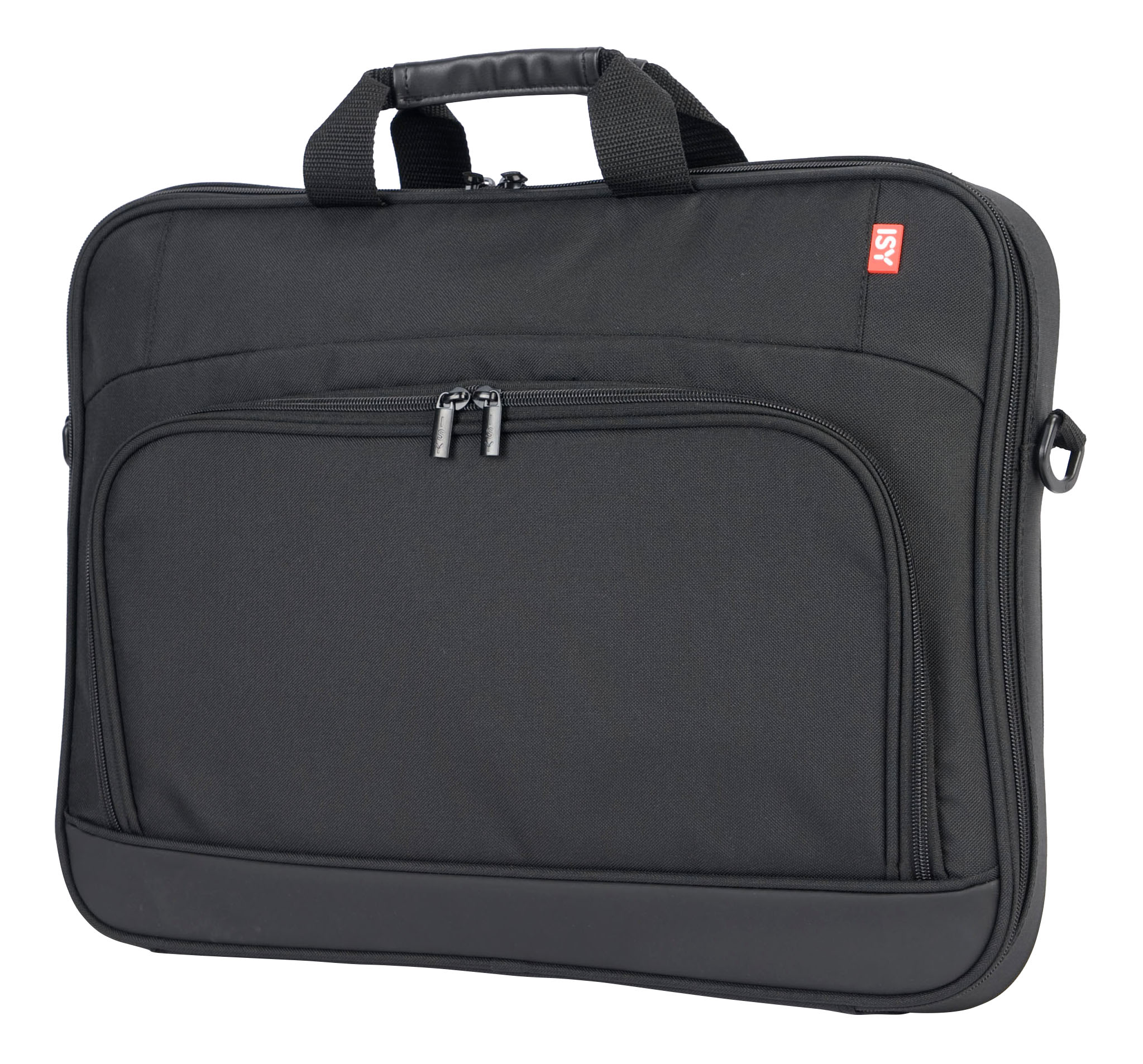 Borsa per laptop nera con manico, due cerniere e logo ISY rosso in alto a destra.
