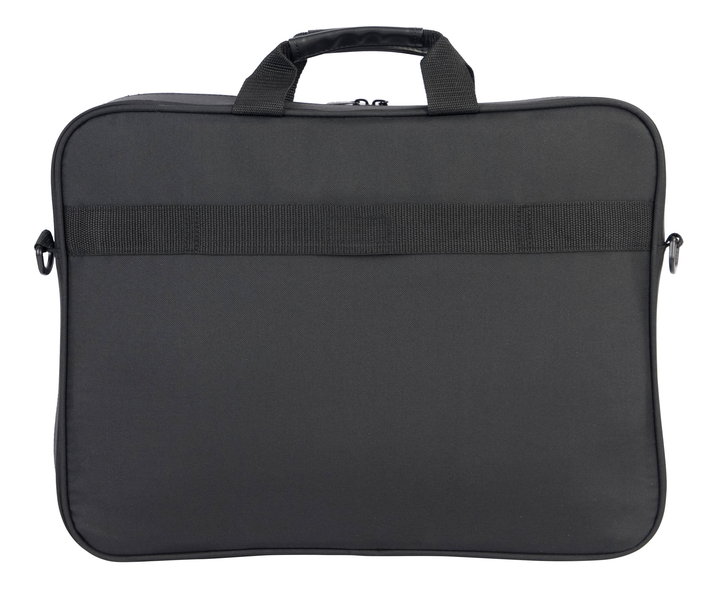 Borsa per laptop nera, aperta, che mostra l'interno, il manico e uno sfondo bianco.