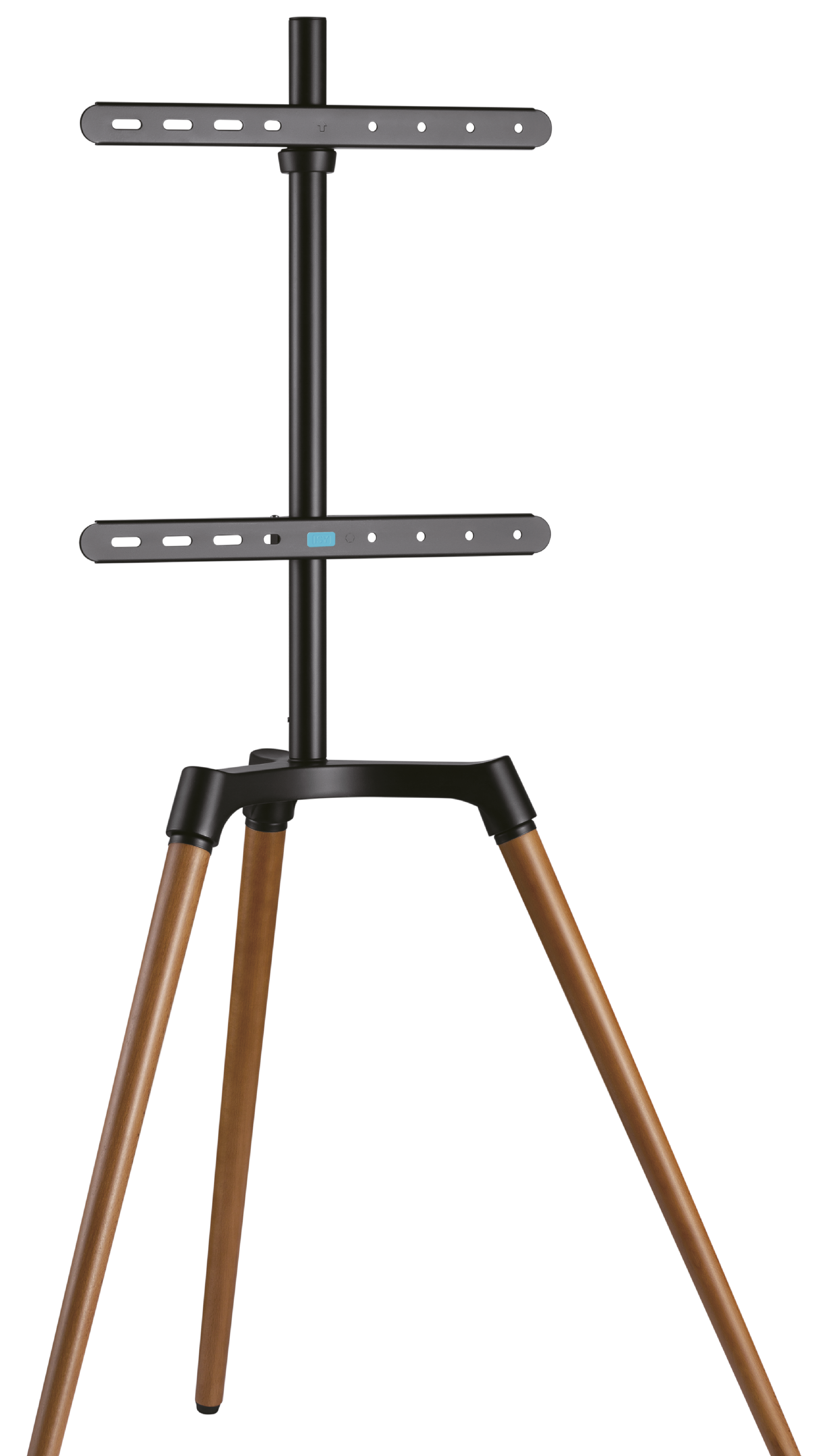 Statyw do telewizora z drewnianymi nogami i regulowanymi czarnymi ramionami.