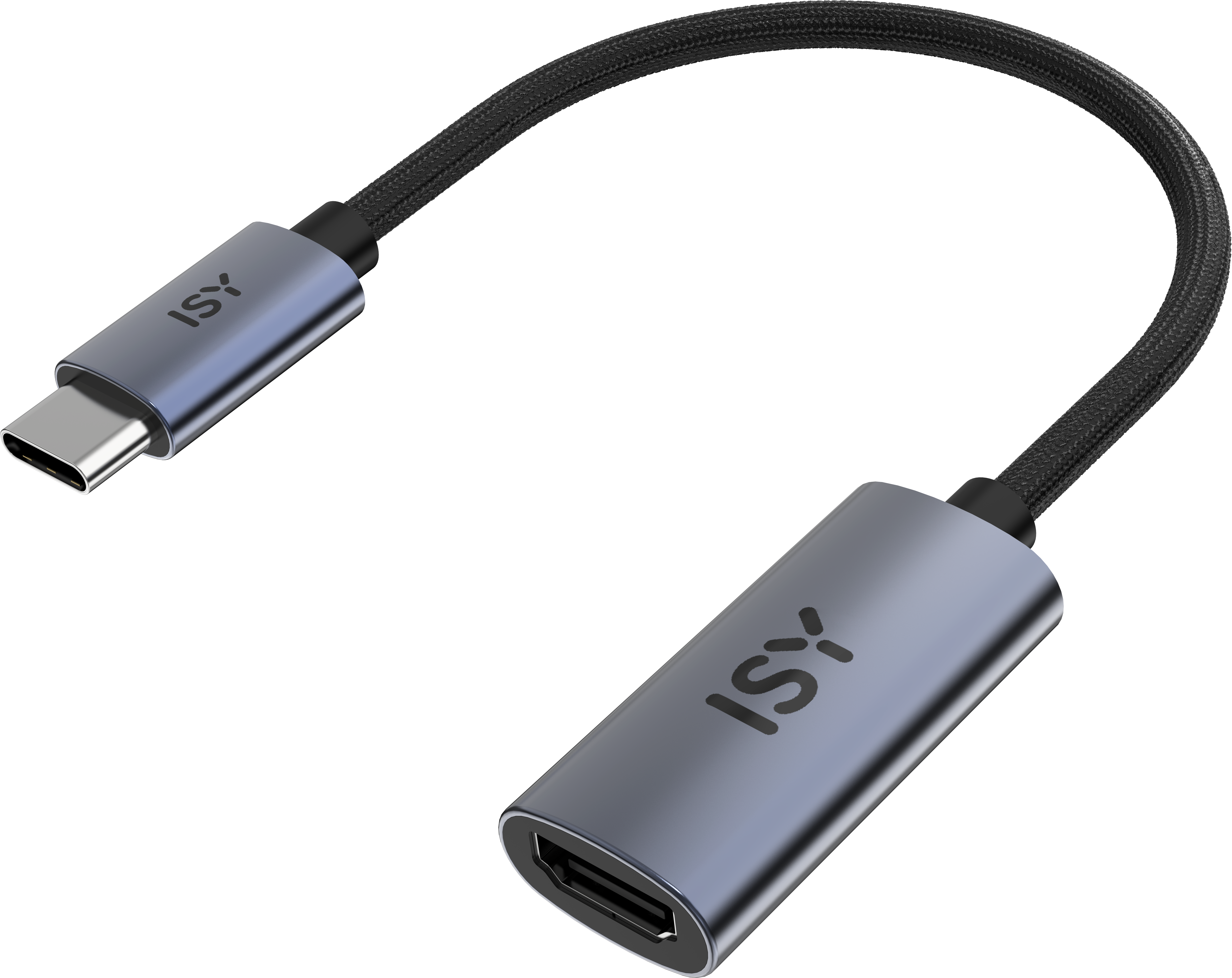 Szary adapter ISY USB-C do HDMI z czarnym kablem.