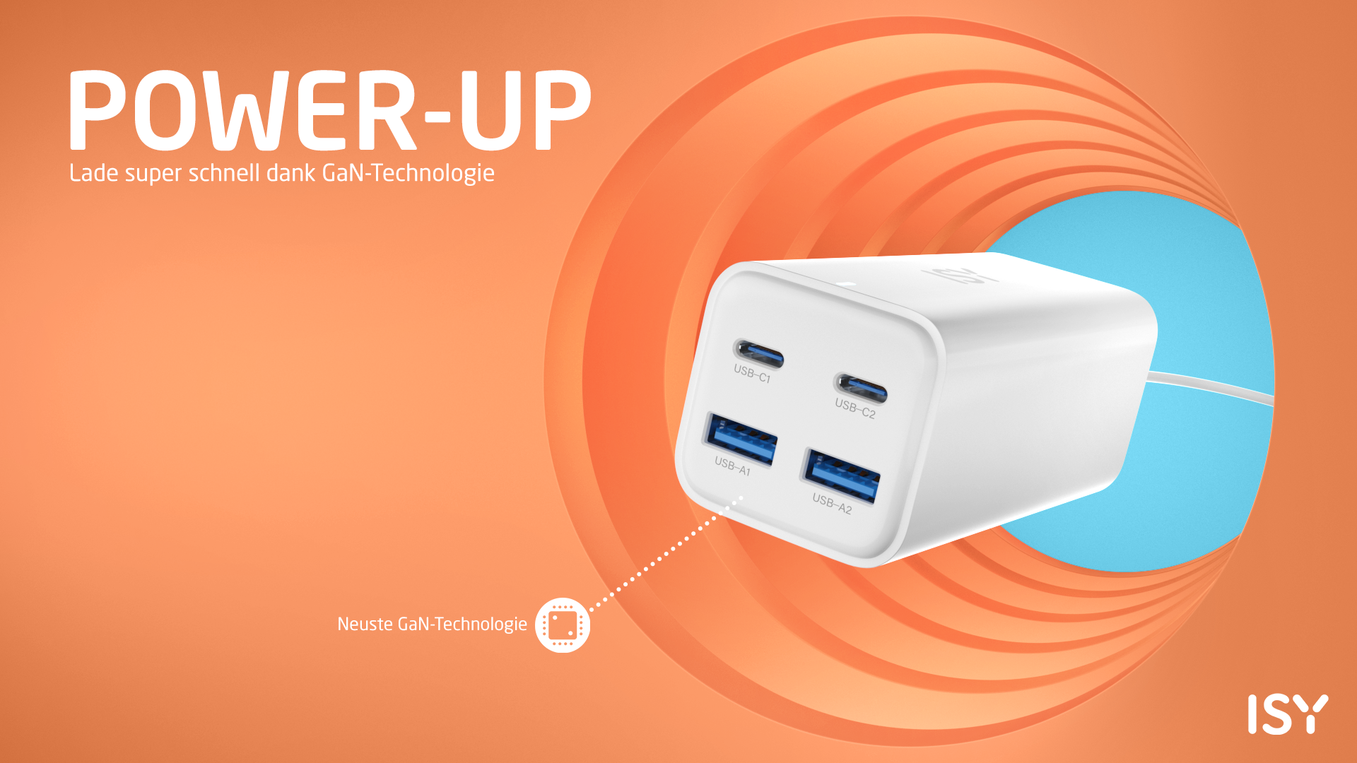 Adattatore di alimentazione bianco con quattro porte USB, con testo e il logo ISY.