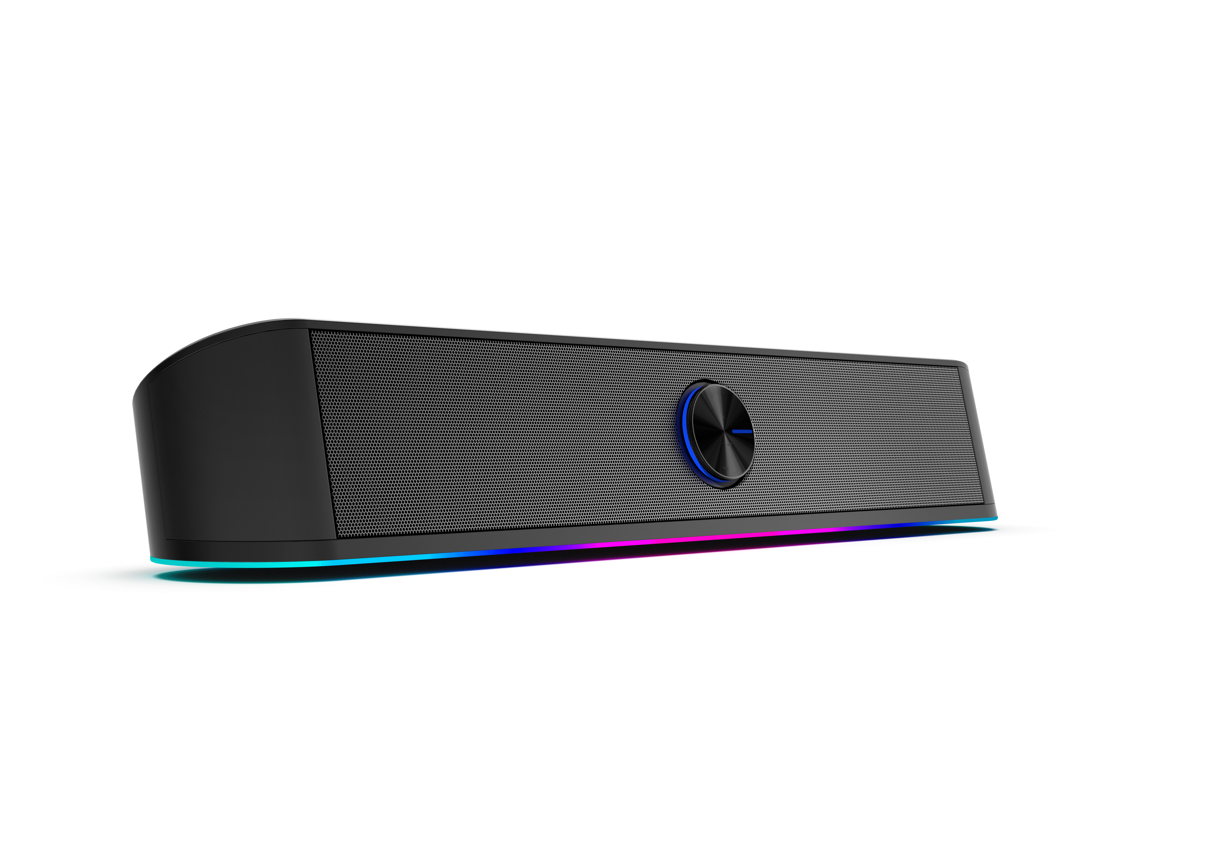 Czarny soundbar, środkowy przycisk i pasek świetlny RGB. Izolowany na czarnym tle.