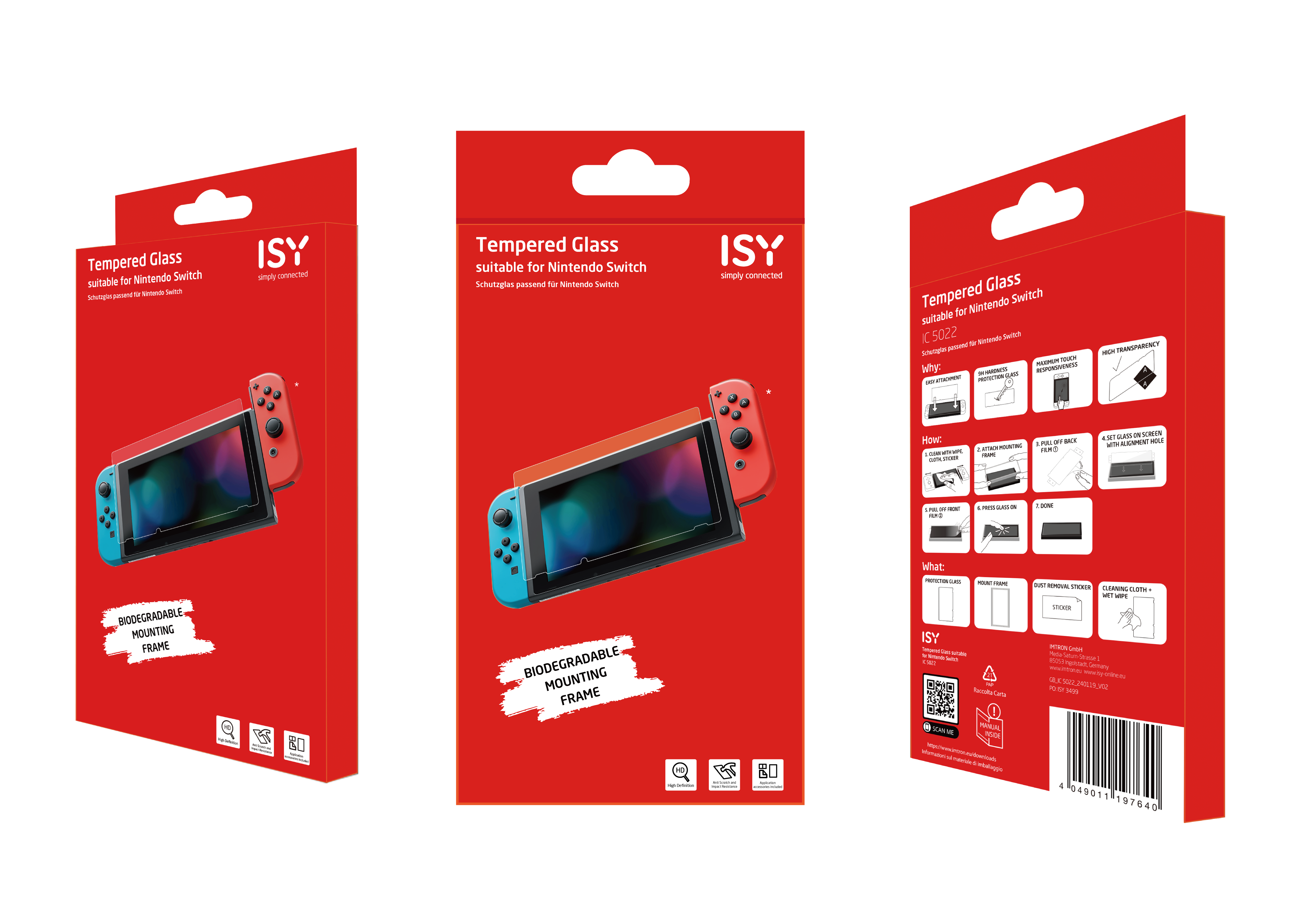 Confezione per protezione schermo Nintendo Switch. Scatola rossa con informazioni sul prodotto e sul marchio. Tre viste.