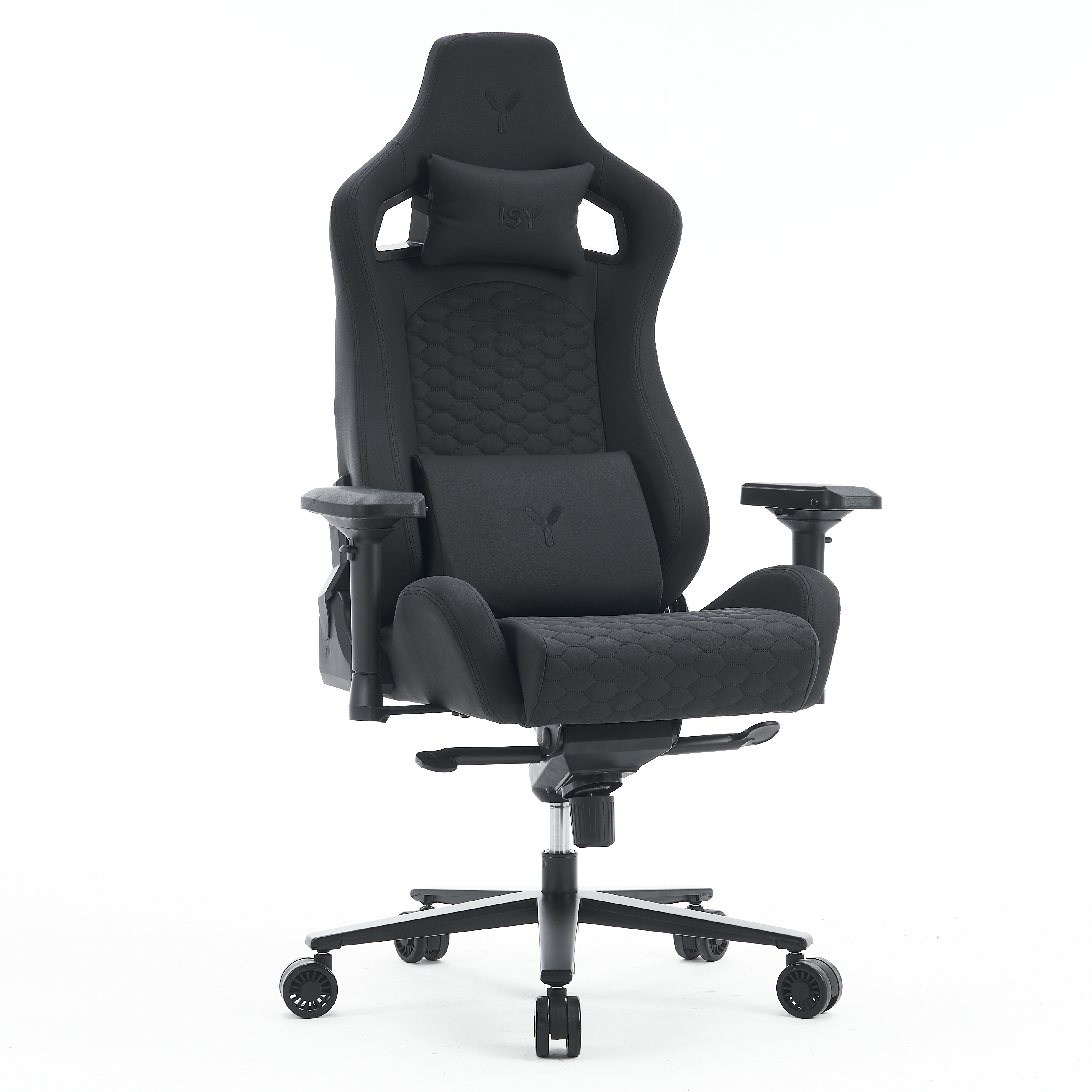 L'arrière d'une chaise gaming noire avec appuie-tête et logo ISY, et un fond blanc.