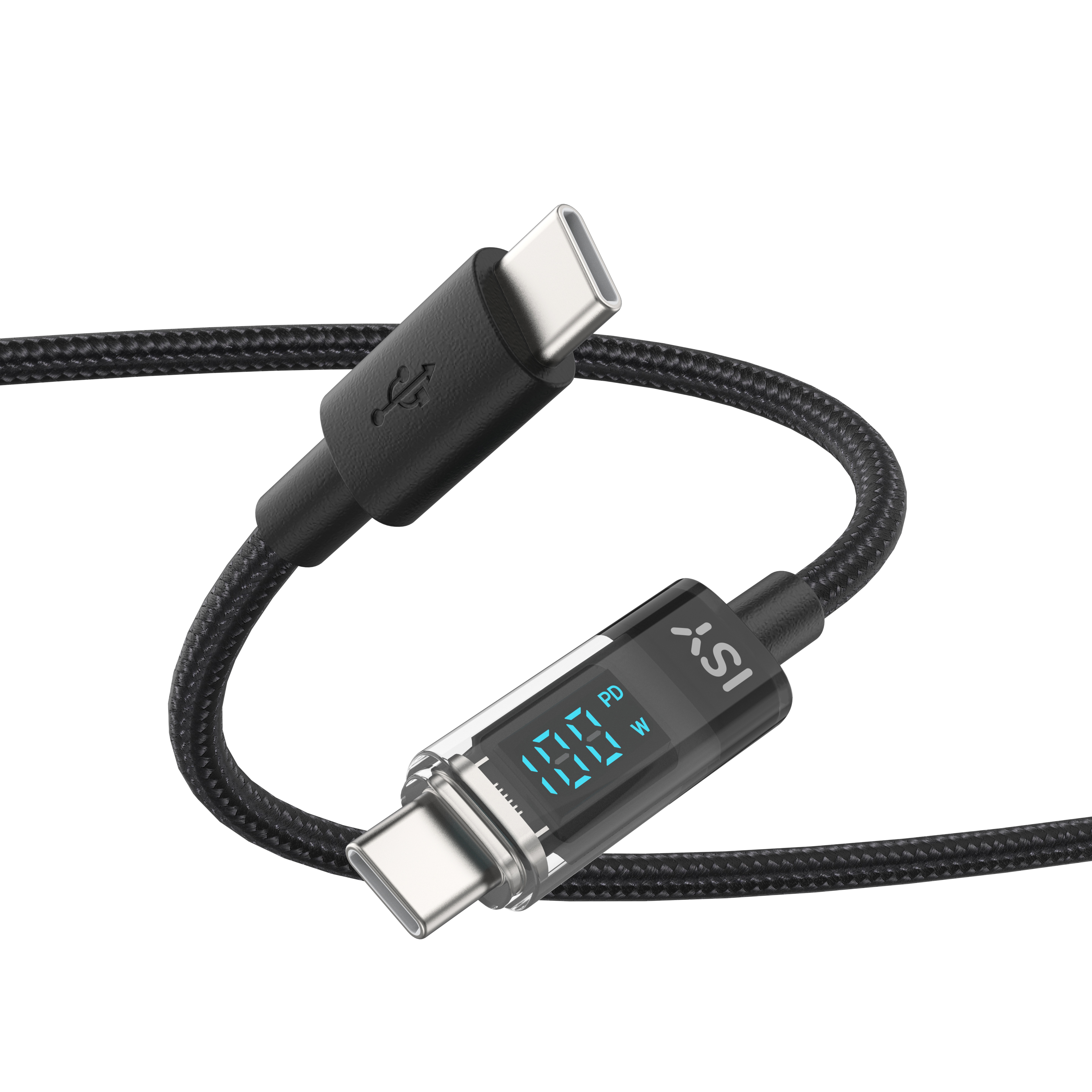 Czarny kabel USB-C z cyfrowym wyświetlaczem pokazującym 100W.