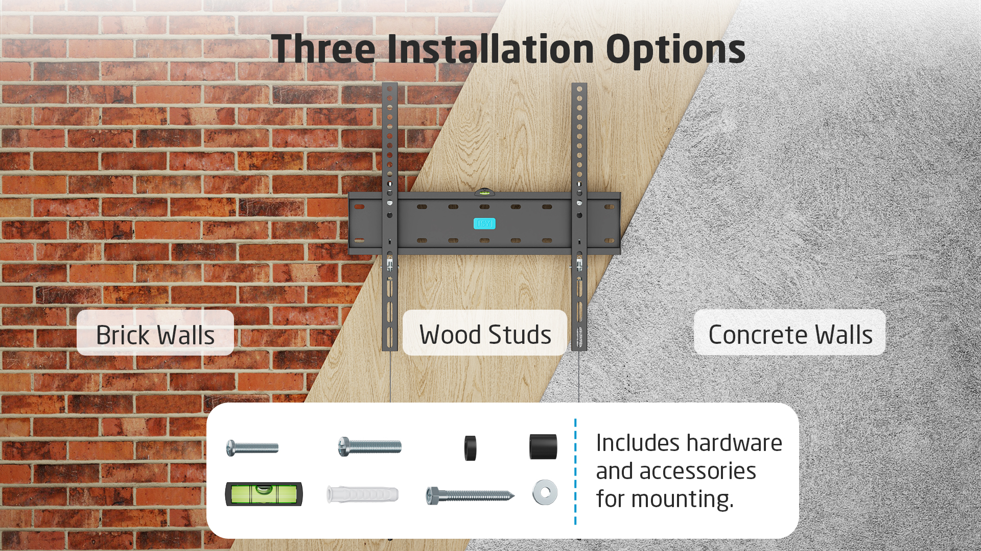 L'image montre trois options pour installer un support TV : briques, bois et murs en béton, et accessoires.