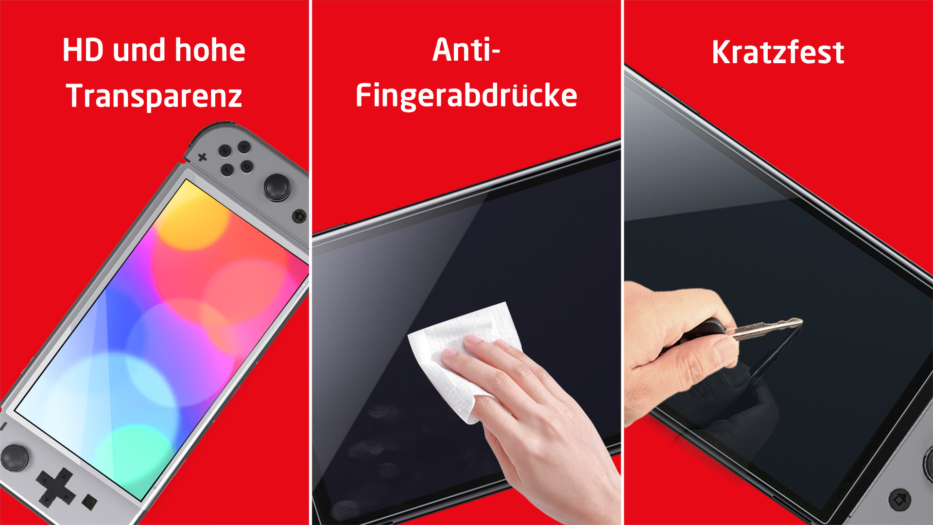 Tre immagini che mostrano le caratteristiche di una protezione per lo schermo: HD, anti-impronta e antigraffio, con un Switch.