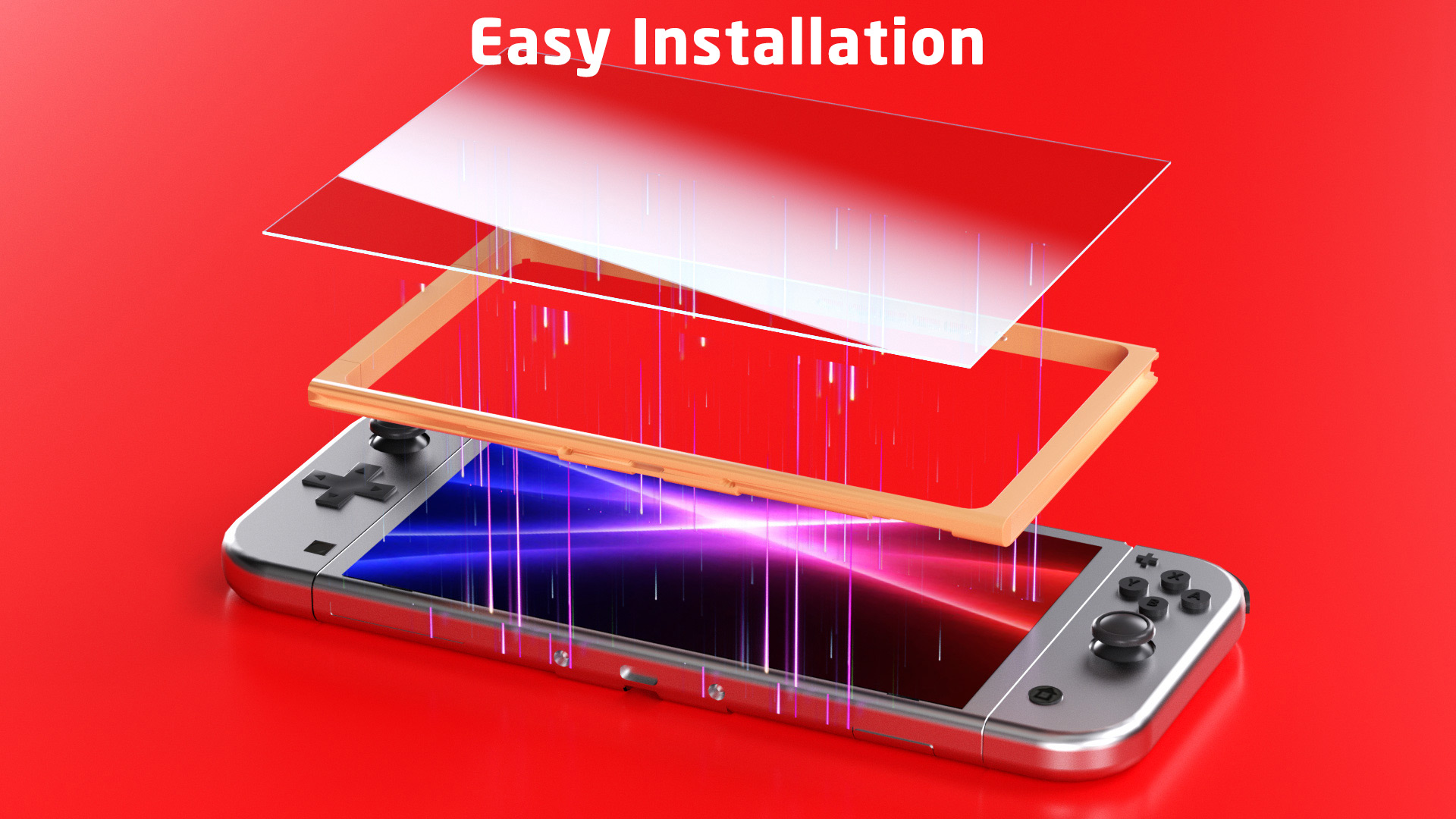 L'immagine mostra una protezione per lo schermo del tablet, una cornice e un dispositivo su una superficie rossa, pronti per una facile installazione.